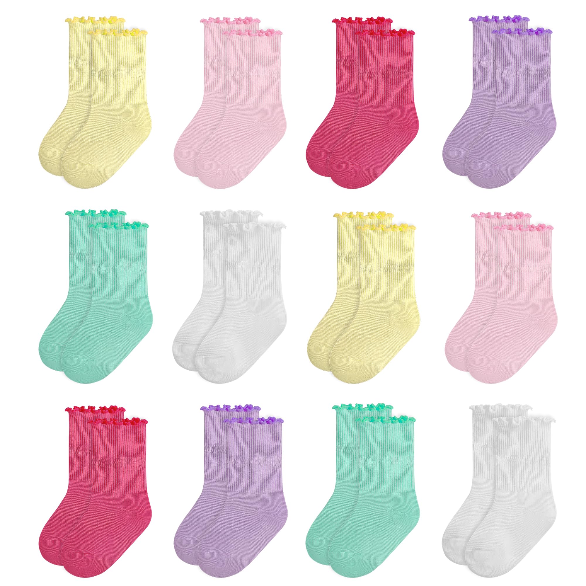 TRAMLE Baby Girls Socks 12 Pack Ruffle Ripple Edge Turn Cuff Ankle Socks Toddlers Infants (0-12 Months)