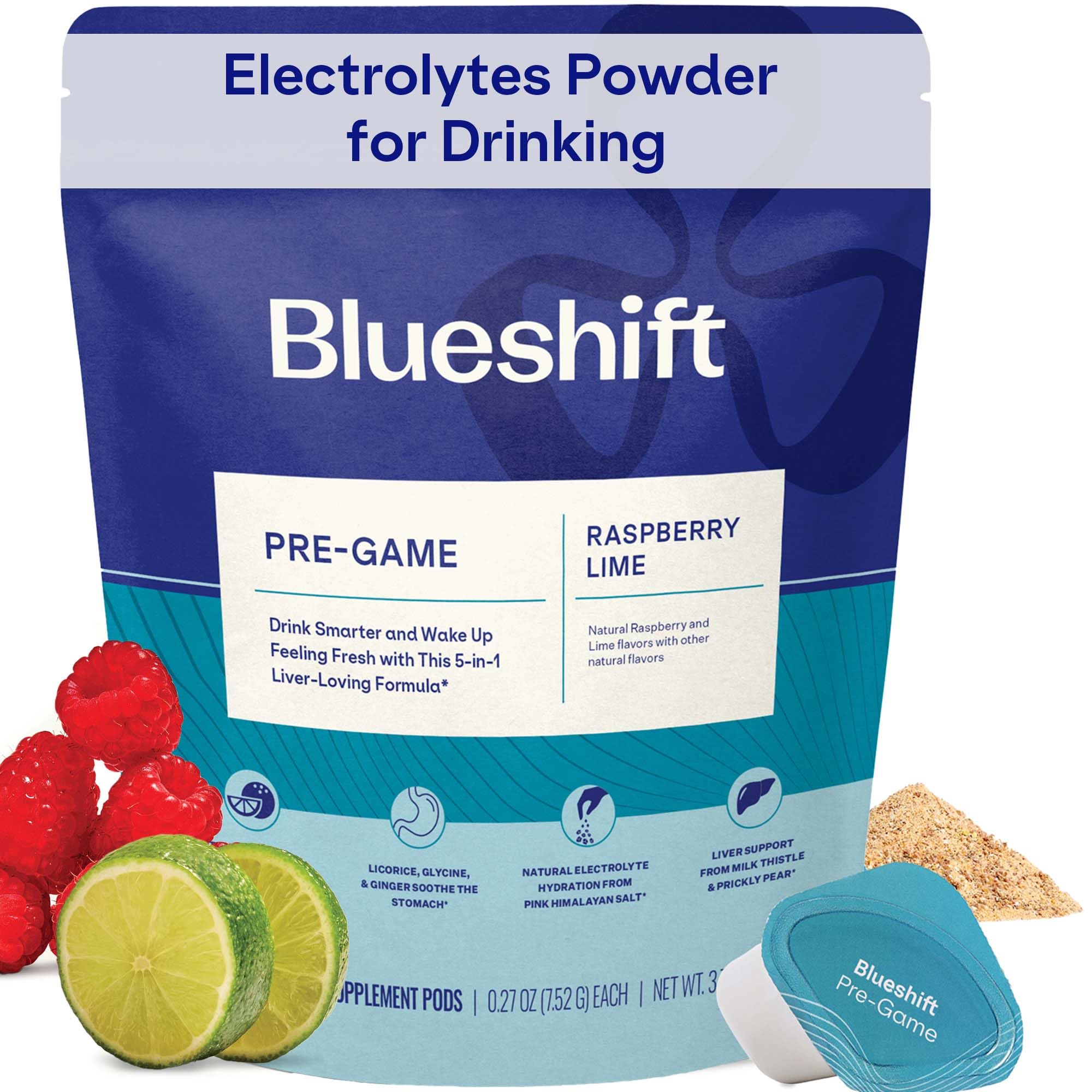 Blueshift Pre-Game - Pre Drinking NAC Supplement, Electrolytes Powder Packets, Hydration Packets, Pre Alcohol Liver Support with Ginger, Cysteine, Milk Thistle, No Sugar Powder Pods (14 Pack)