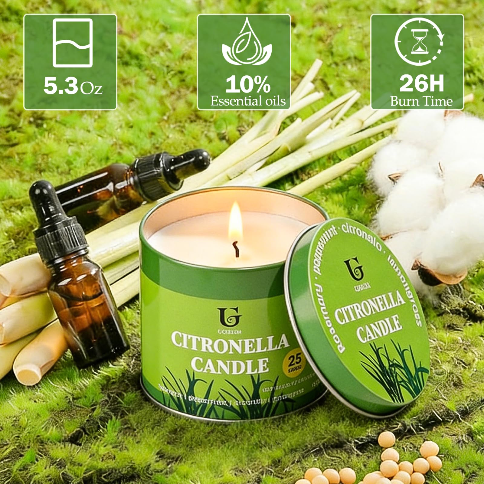Citronella Candles Outdoor (5.3oz, 2 Packs) Natural Soy Wax Camping Candle, Plant-Based Citronella Essential Oil Large Lemongrass Candle for Patio, Deck, Garden, Backyard, Home Indoor - 3