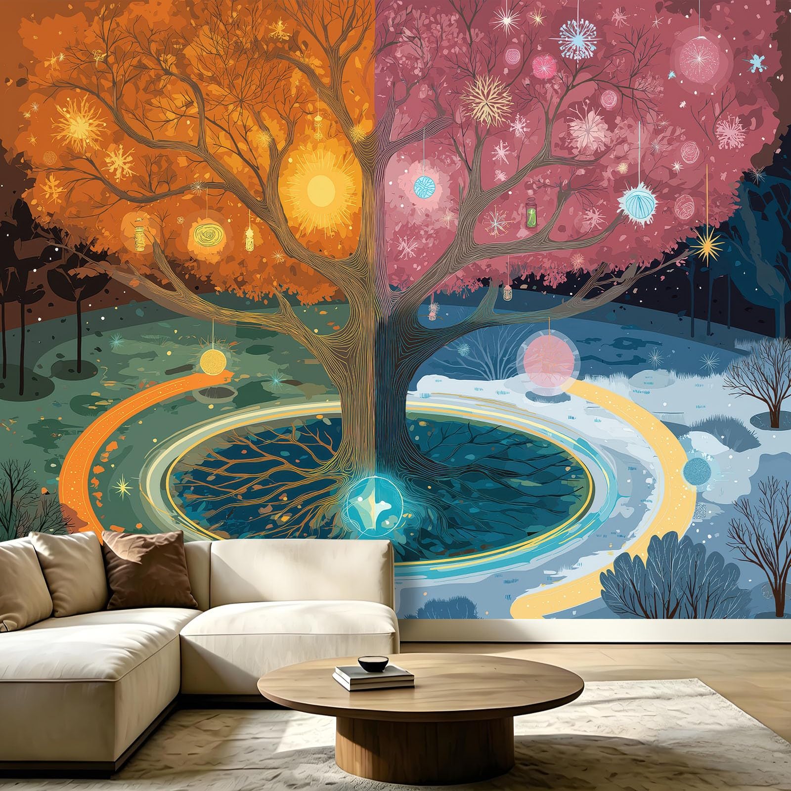 Panoramiczna tapeta 350 x 256 cm fantazyjne drzewo życie tapeta z włókniny gobelin plakat dekoracja ścienna do pokoju dziecięcego, salonu sypialni - pierścionek płatek śniegu światło gwiazdy wisiorek
