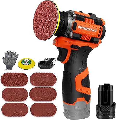 Lijadora pequeña sin escobillas con 36 papeles de lija, lijadora inalámbrica de 2 velocidades variables (0-5000-3000 RPM), batería de 3.0Ah,
