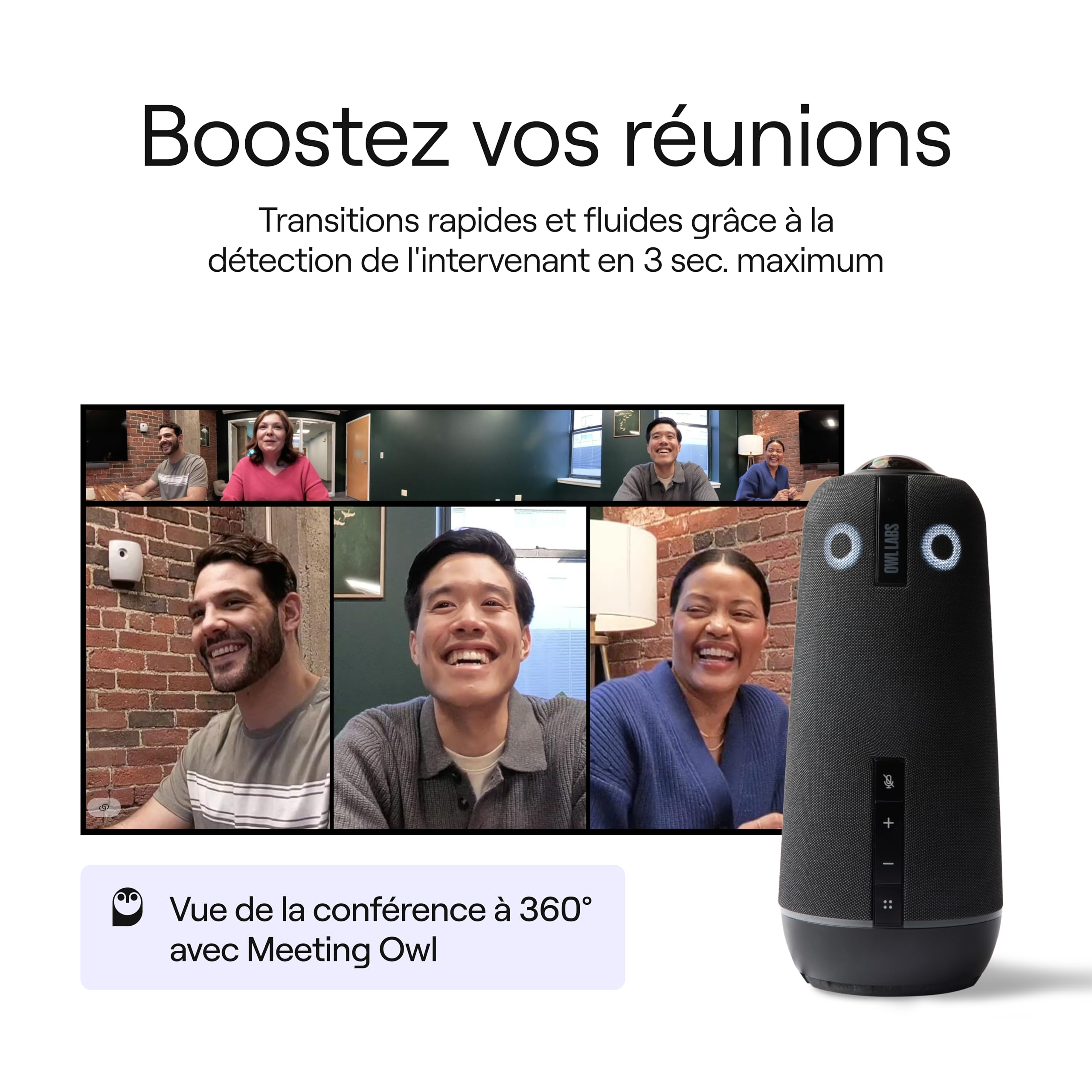 Owl Labs Meeting Owl 4+ Caméra Visio-Conférence Intelligente 360° 4K avec Microphone et Haut-Parleur (Auto-Focus locuteur, Zoom Intelligent, Réduction du Bruit, Certifiée Microsoft Teams)