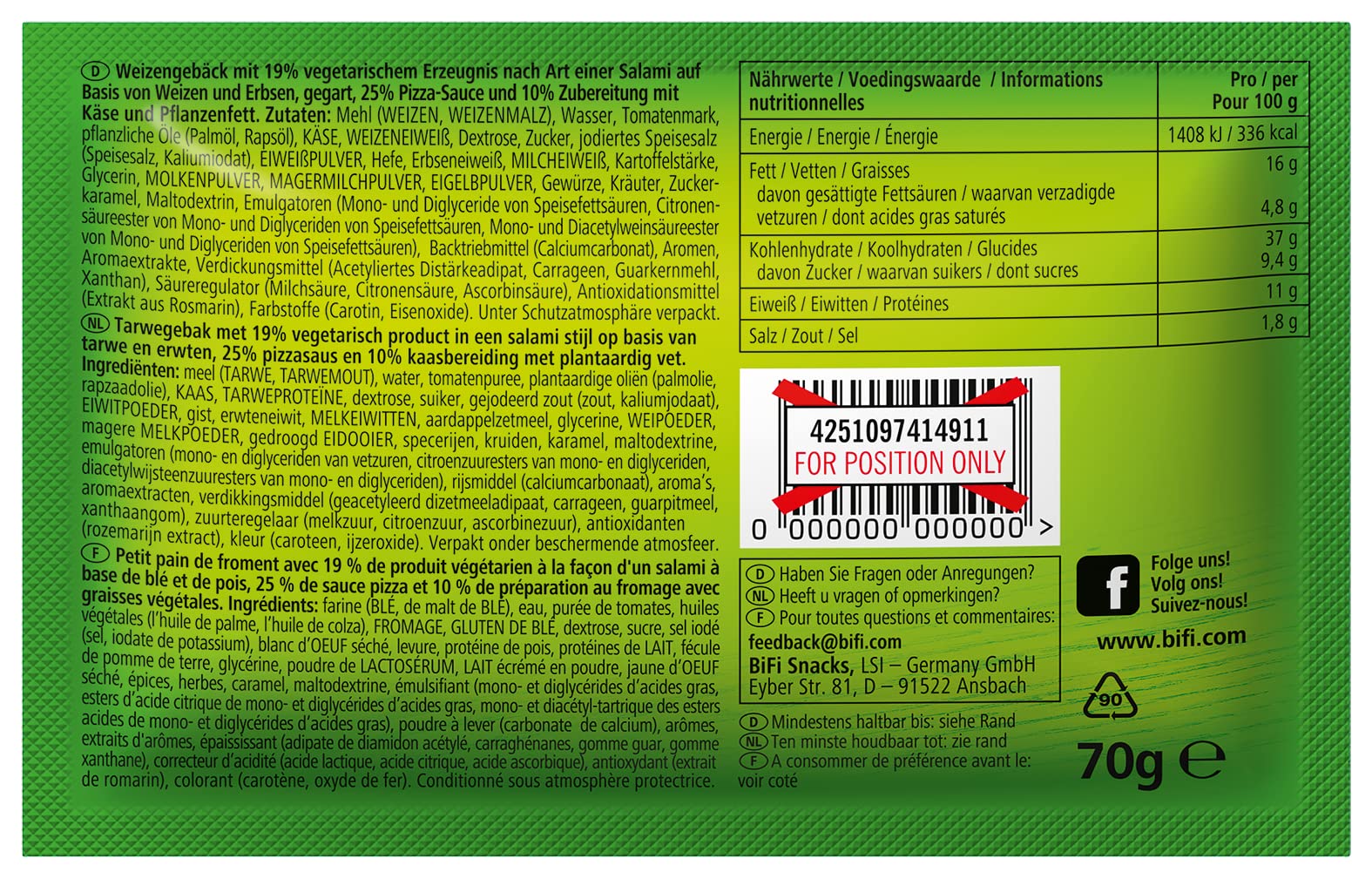 BiFi Veggie Carazza XXL, Pizzette Snack Vegetariane, Mini Pizzette in Formato Tascabile, per Viaggi, Ufficio e Pausa Pranzo, Con Salame, Salsa Alla Pizza e Formaggio, Confezione da 16 (16 X 70 g)