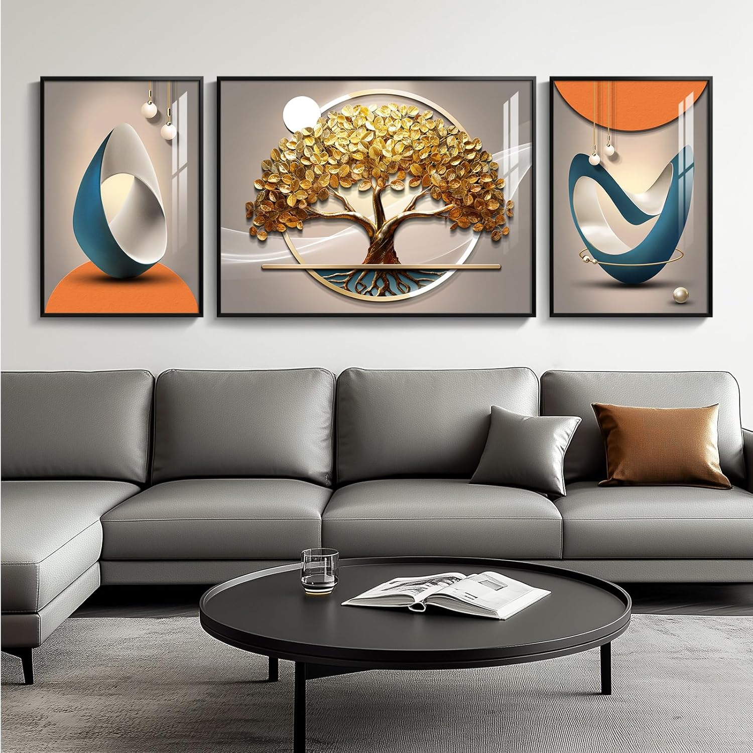 Cuspin Modern Luxury Large Wall Art Set of 3 Bright Style Abstract Paintings, Glossy Art Prints for Living Room, Hallway, Dining Room, Office 30" H x 80" W (Total Size) Golden Tree - Large