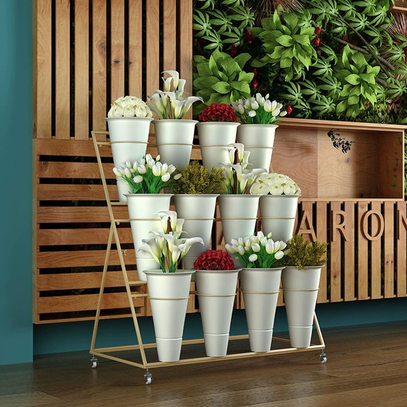 Espositore per fiori in metallo con secchi a più livelli, versatile mensola floreale per esterni, balcone, giardino, patio e organizer per piante