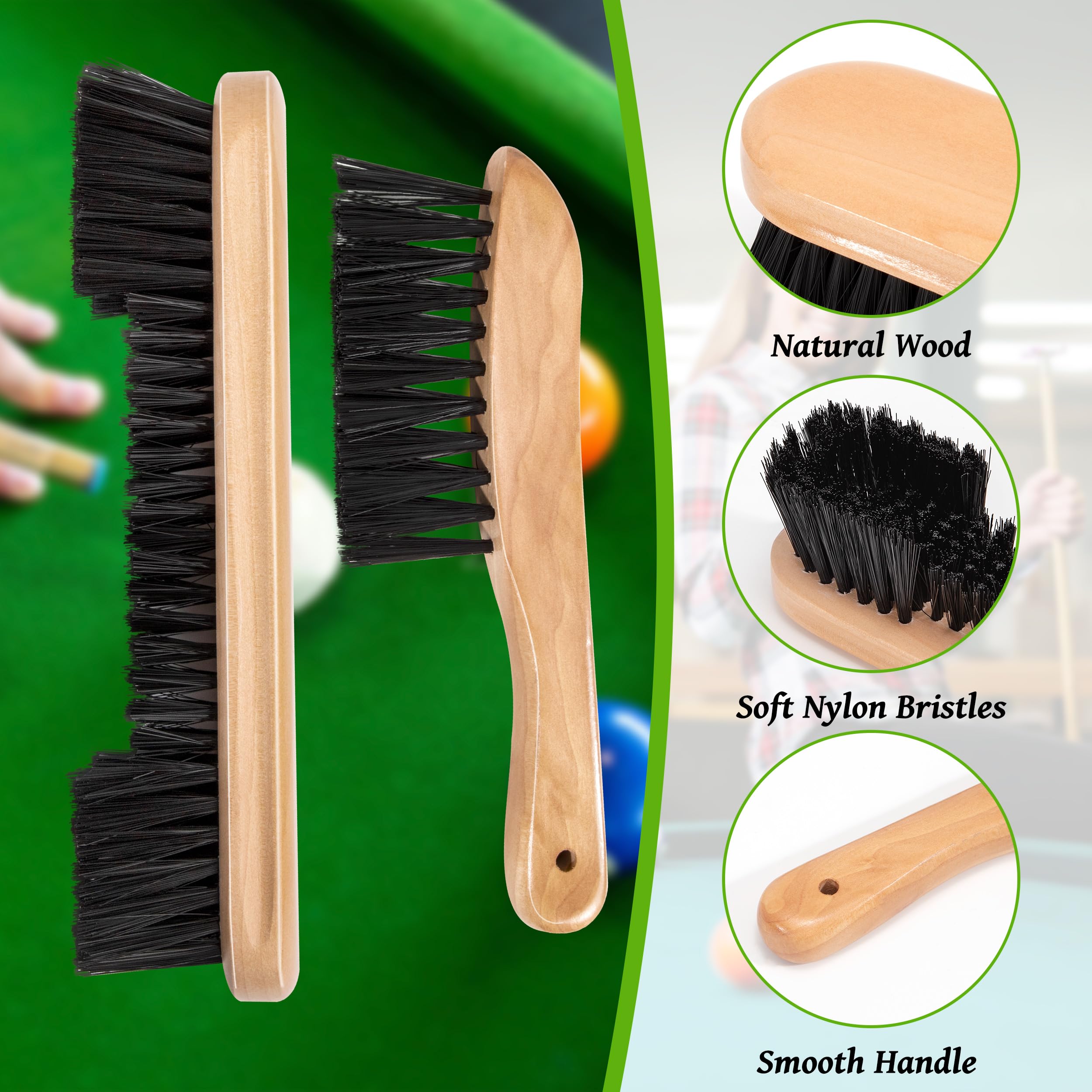 Kit di Pulizia per Tavolo da Biliardo Spazzola per Pulizia da Biliardo in Manico Legno con Panno per Stecca Accessori di Pulizia per Tavolo da Biliardo e Angoli 3 Pezzi