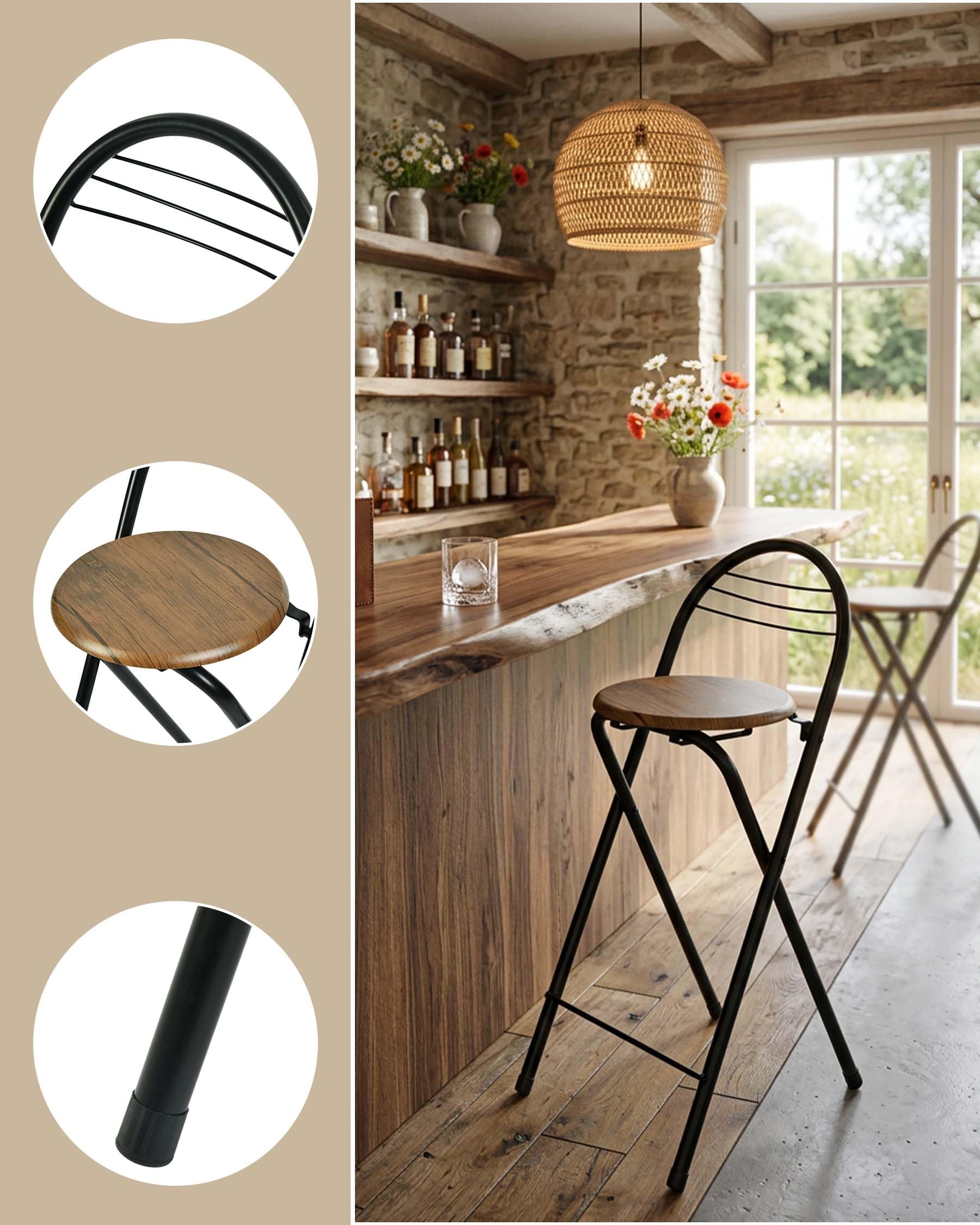 Lot de 4 Tabouret Bar Pliant Noir Tabouret Pliable avec Dossier, Chaise de Bar Pliante en Métal avec Siège en Bois et Repose-Pied, Intérieur & Extérieur, Hauteur 60 cm