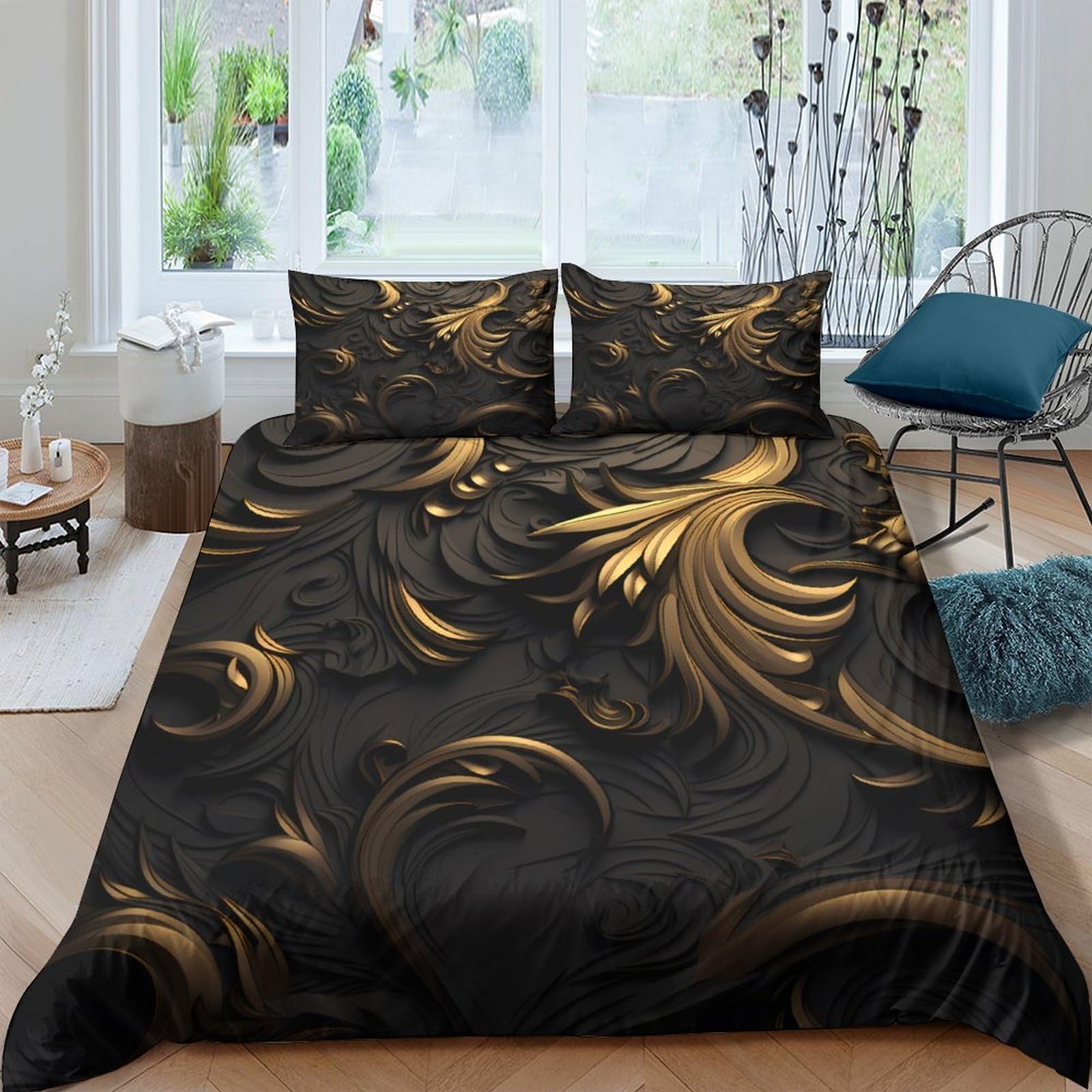 Ctjqhvkz Style-4 3D Printed Luxury Black Gold Swirl Fitted Sheet Microfiber Soft Bed Sheet For Bedroom Guest Room Dorm Mattress Protection Decor Single（135X200cm）