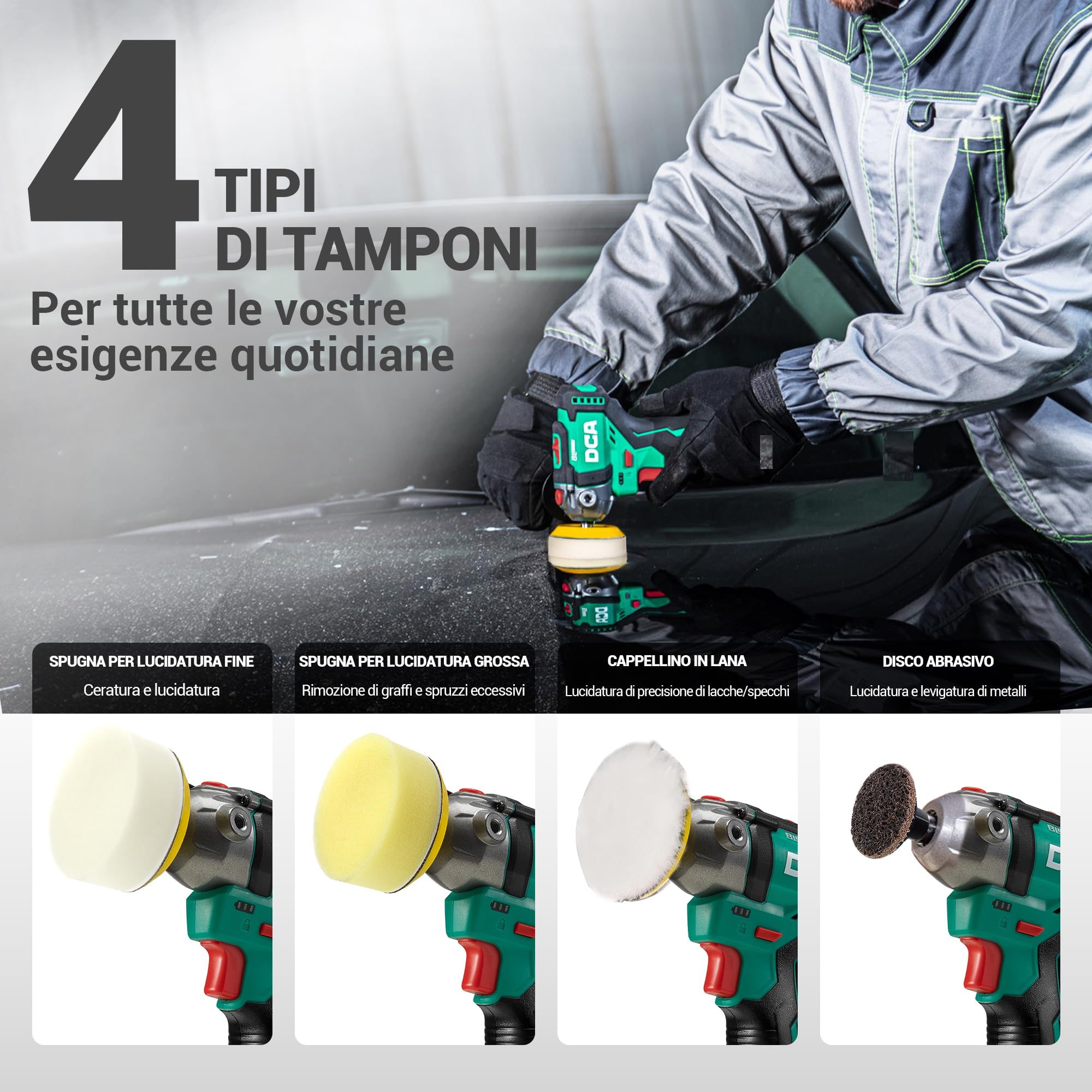 DCA Lucidatrice Auto a Batteria 12V, 75mm Mini Lucidatrice Rotativa Lucidatrice Senza Spazzole e 50mm Levigatrice, 2 Batterie da 2,0Ah, 2 Velocità 2800-8300 RPM per Lucidare, Cera e Pulire