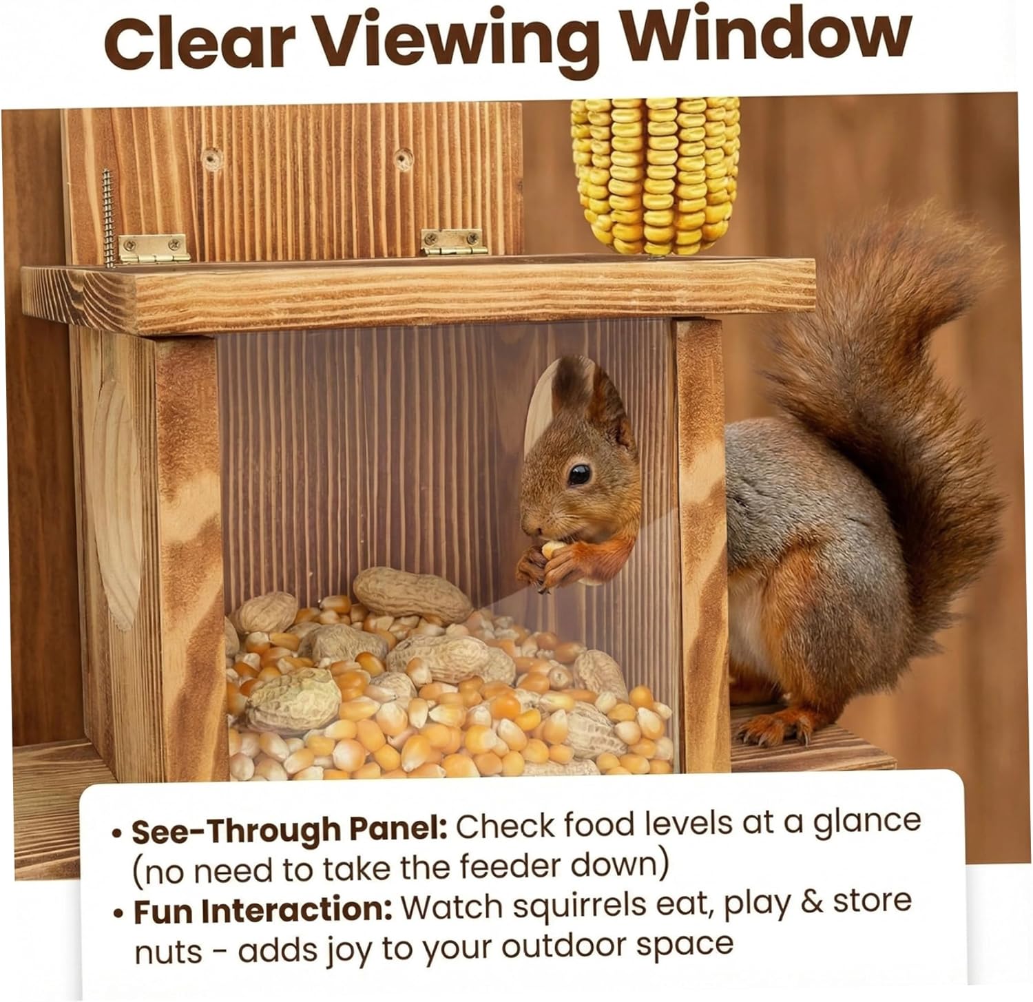Squirrel Feeders for Outside Wooden Flip-Top Squirrel Box with Clear Window Weatherproof Nut Bar Chipmunk Feeder for Wood Deck Tree Fence 14x5x9in Feeders for Outside, Feeder, S