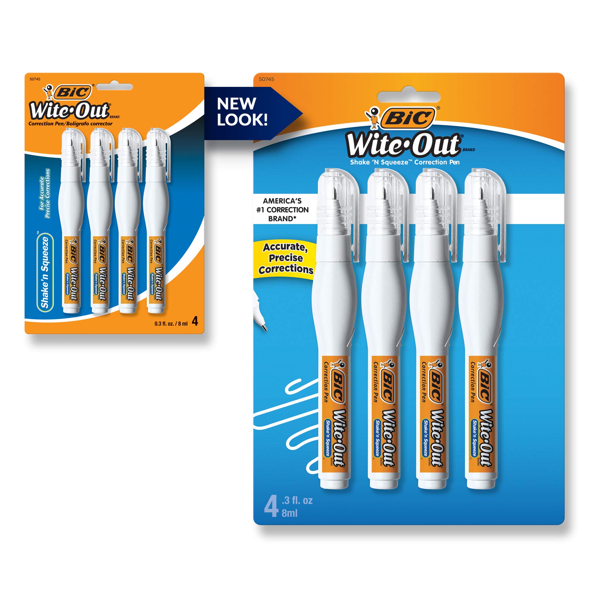 BIC WiteOut Shake 'n Squeeze Correction Pen, 8 ml, White, 4/Pack