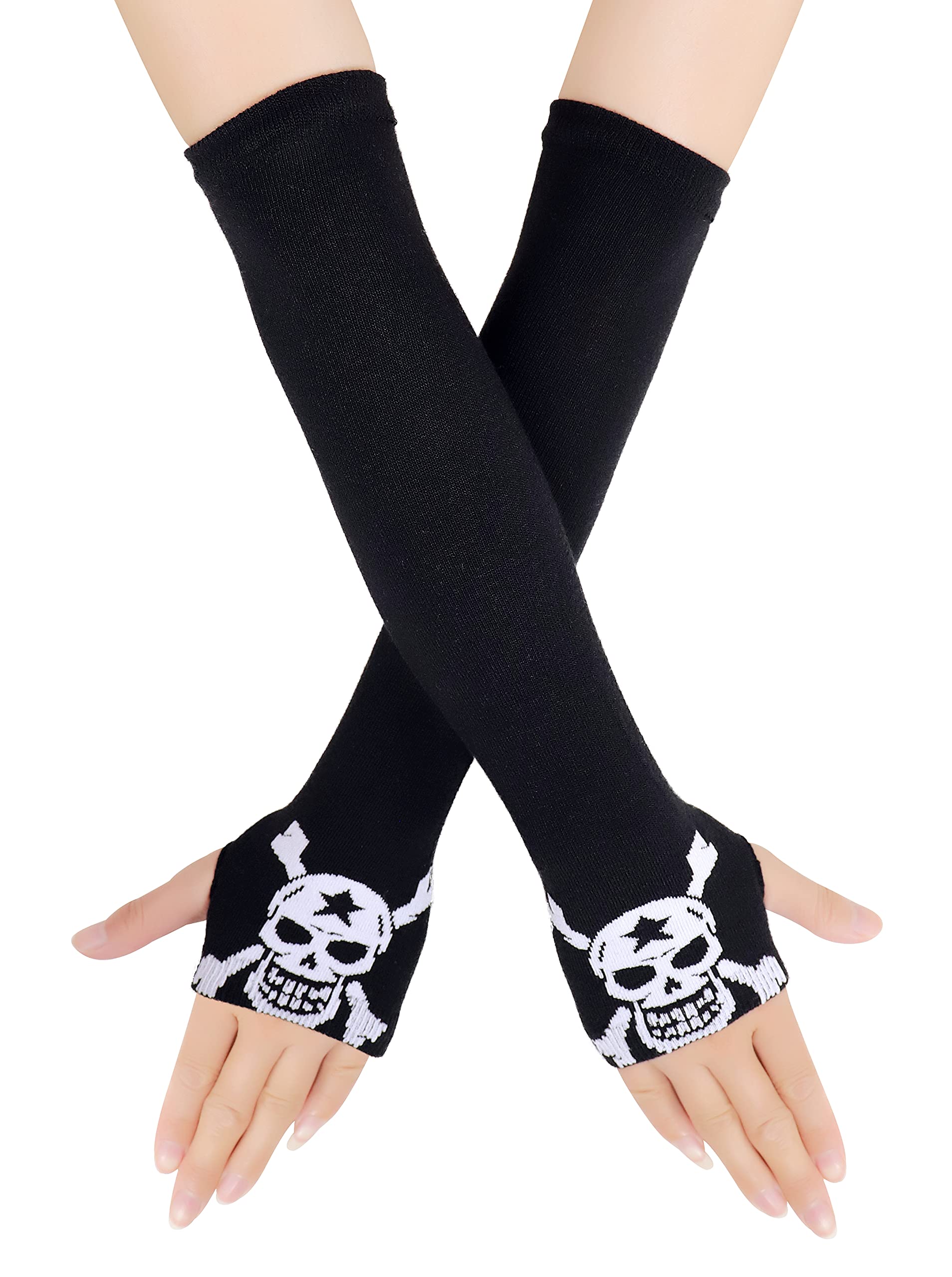 BienvenuKnitted Long Fingerless Skeleton Gloves, Unisex Halloween Punk Arm Warmer Sleeve