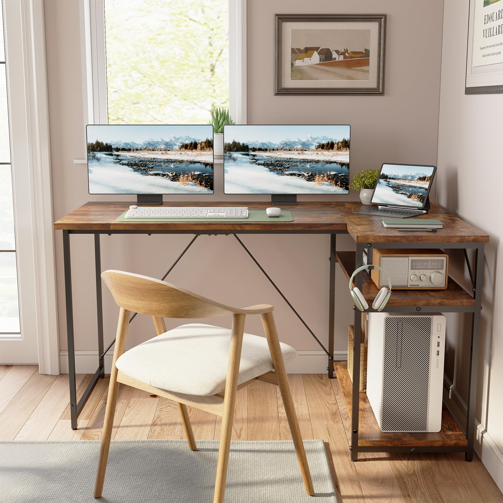 TRIUMPHKEY Scrivania ad Angolo Reversibile 140 x 80cm, Scrivania a Forma di L con Ripiani,Tavolo da Lavoro,Struttura in Acciaio, per Computer, Ufficio, Studio and Soggiorno, Marrone rustico