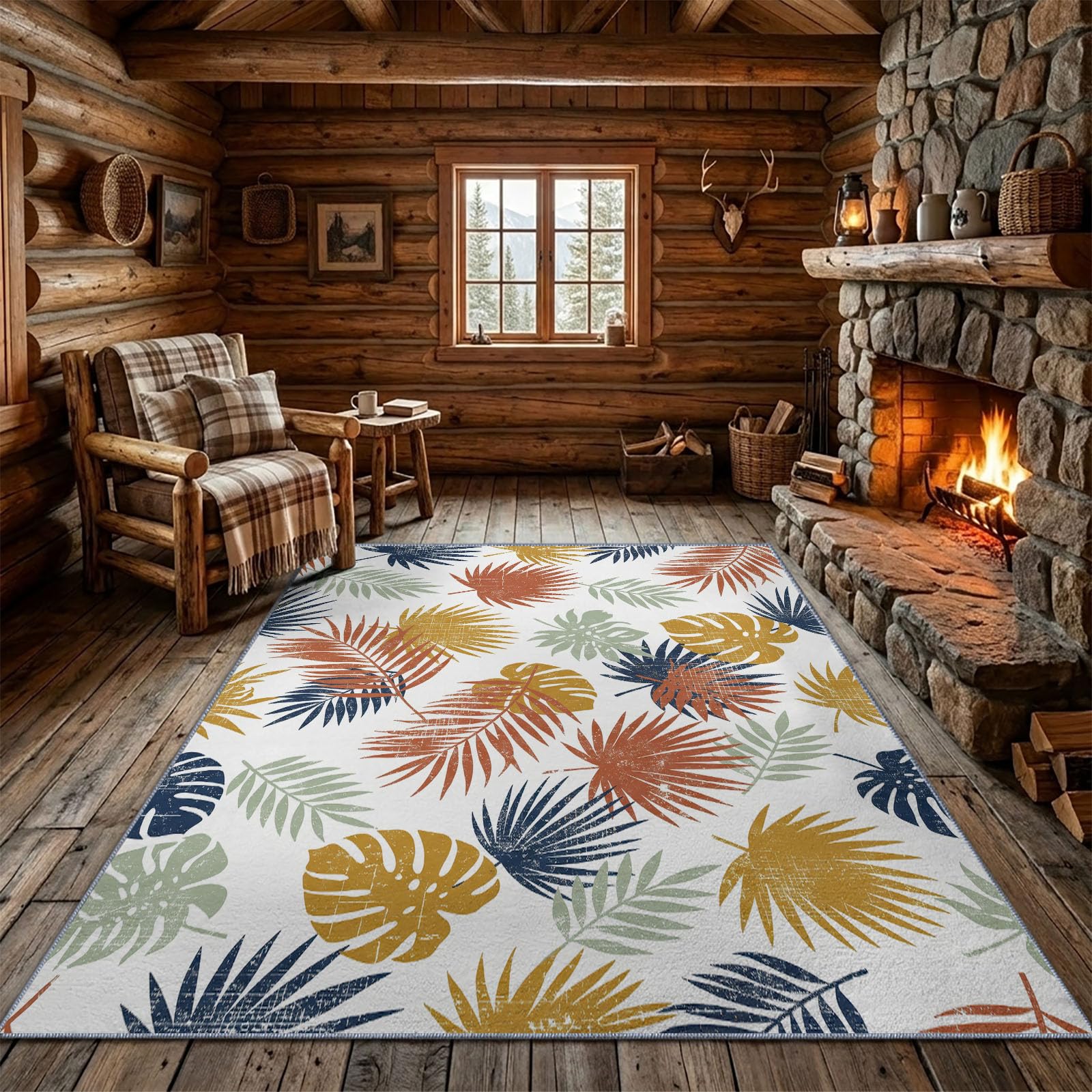 Tapis Salon Tropical, Moquette Lavable en Machine, 160 x 230 cm | Feuille De Plante Feuille De Palmier Grande Feuille Tapis avec Dessous Antidérapant, Tapise Décoratif pour Chambre, Cuisine, Blanc