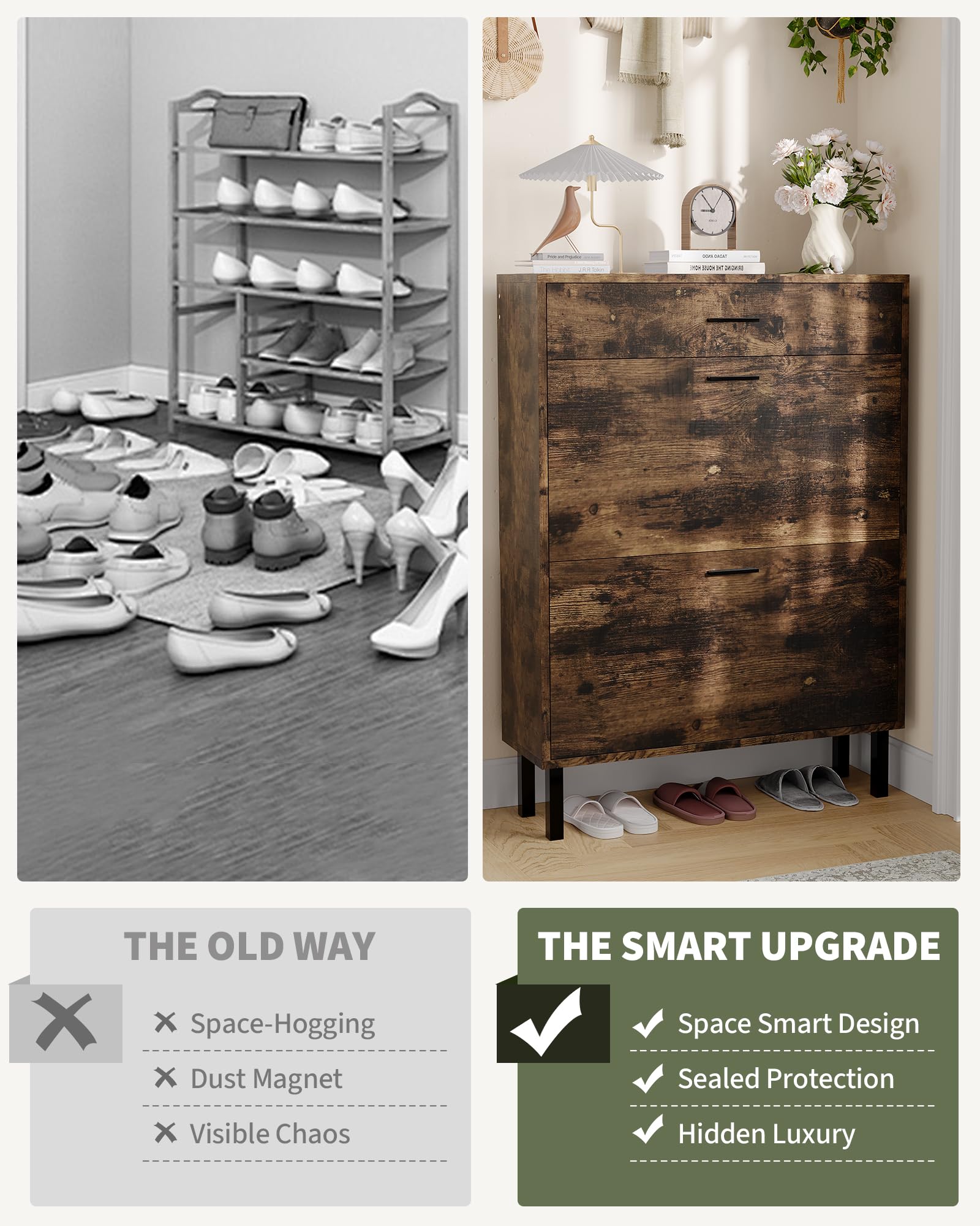 Acekool Zapatero Estrecho Independiente de Madera - Armario con Puertas abatibles y estantes Ajustables - Ideal para recibidor o Pasillo - Organizador para Zapatillas, Tacones y Botas - Color Madera