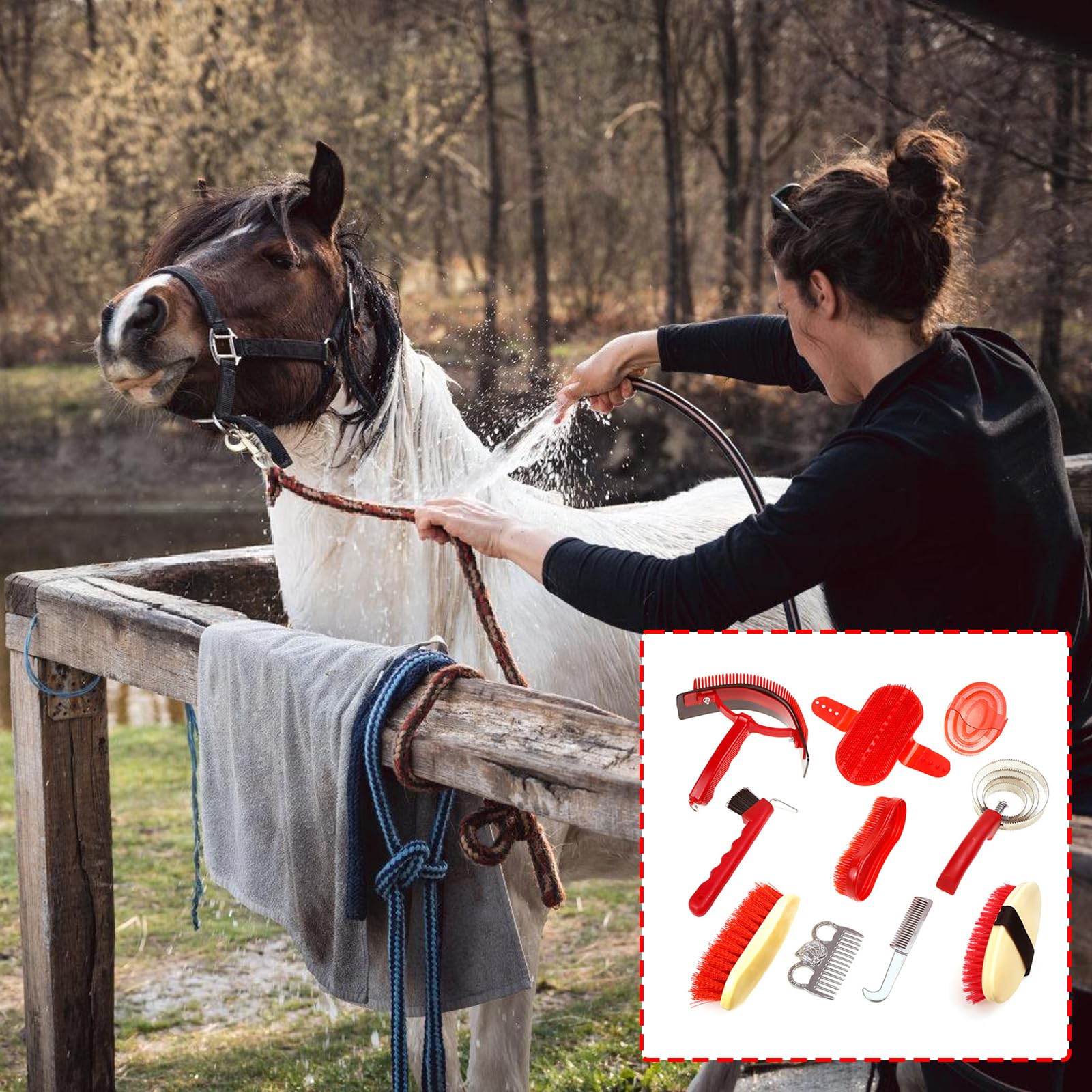 Juego de herramientas de limpieza de caballos con mango ergonómico, cepillos de durabilidad, peines para mantenimiento diario, cepillo resistente