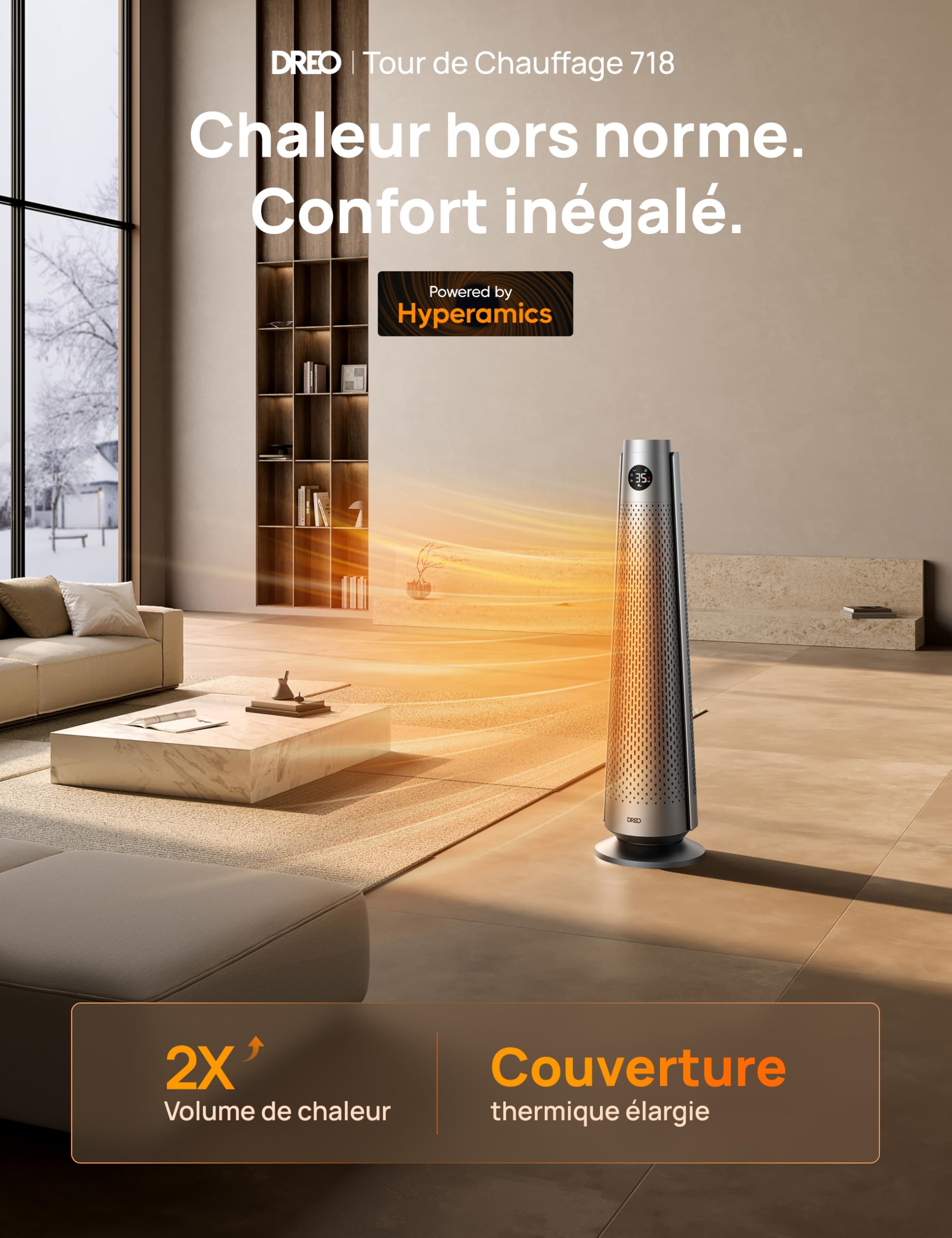 Dreo Chauffage soufflant éco-énergétique 2000W avec télécommande, 25 dB silencieux, oscillation 120°, thermostat, 5 modes 3 vitesses, protection 7 niveaux, minuterie 12h, chauffage céramique PTC