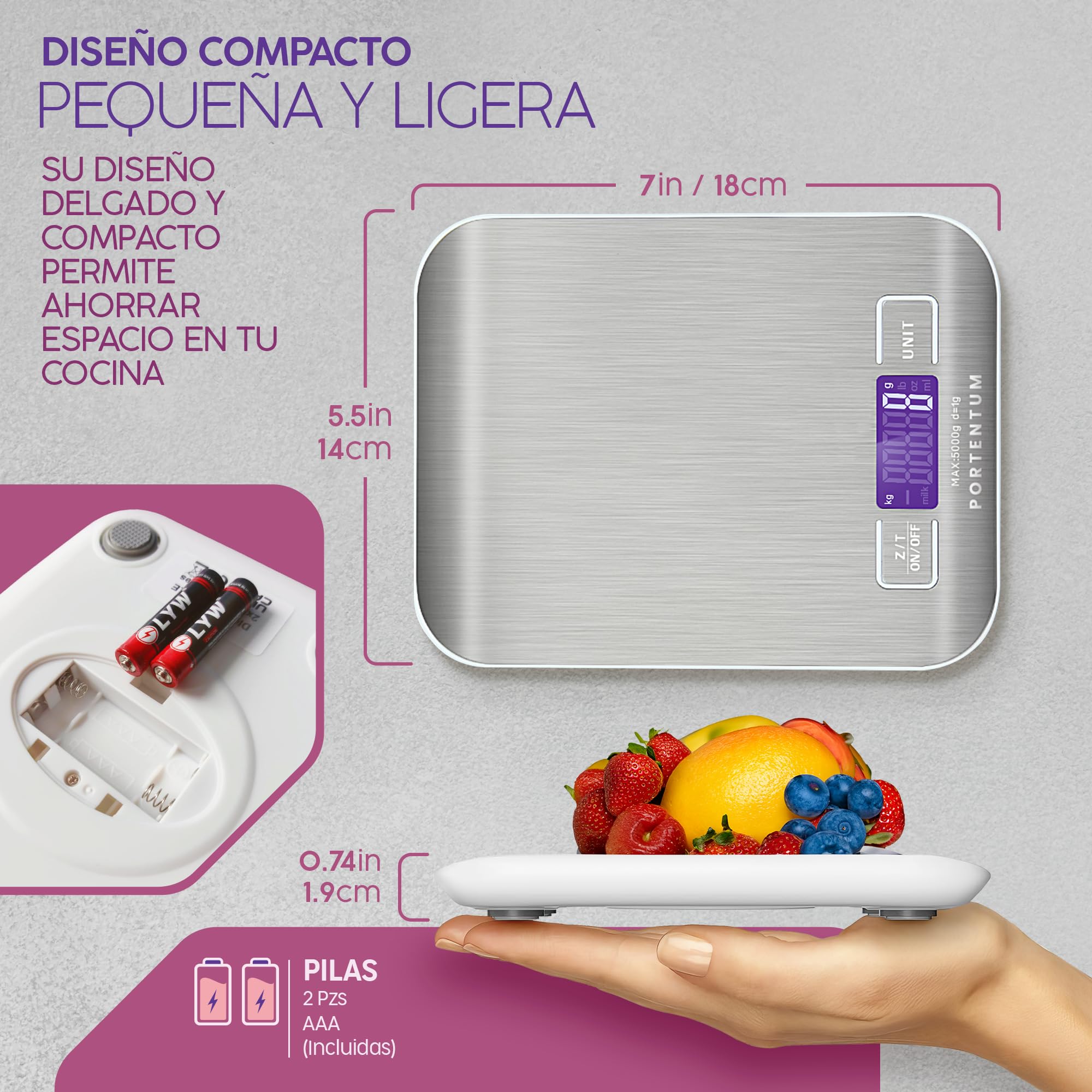 PORTENTUM Peso de Cocina con Pantalla LCD, Acero Inoxidable, Balanza cocina precisa de 1 gramo a 5 kg/11 lbs, Plata