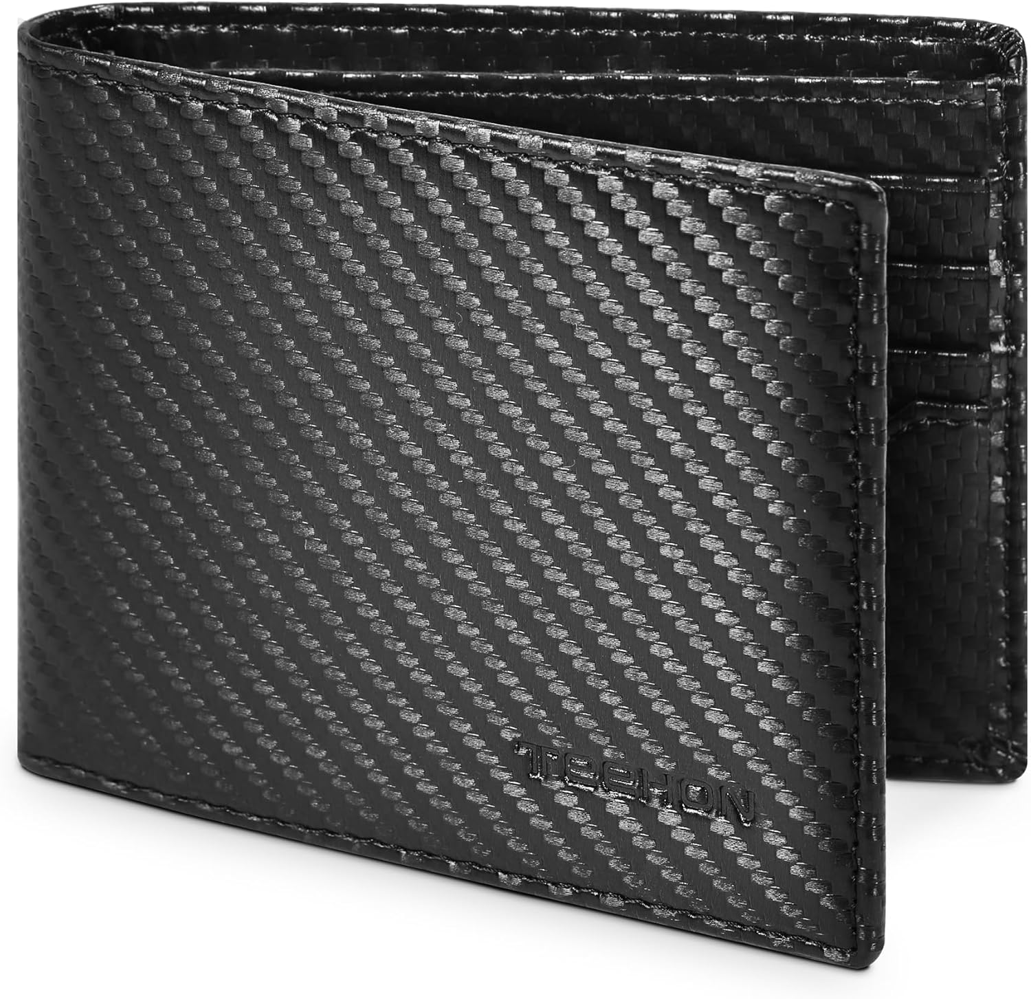 TEEHON Mens RFID Blocking Carbon Fibre Leather Wallet – Bi-Fold Card Wallet with 10 Card Slots, 2 ID Windows, 2 Cash Compartments – Black
