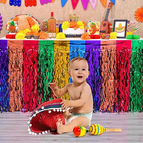 Miniatura 3 de Mega-L - Decoraciones de fiesta para fiesta, paquete de 2 faldas de mesa onduladas de oropel metálico con flecos, decoración temática mexicana,