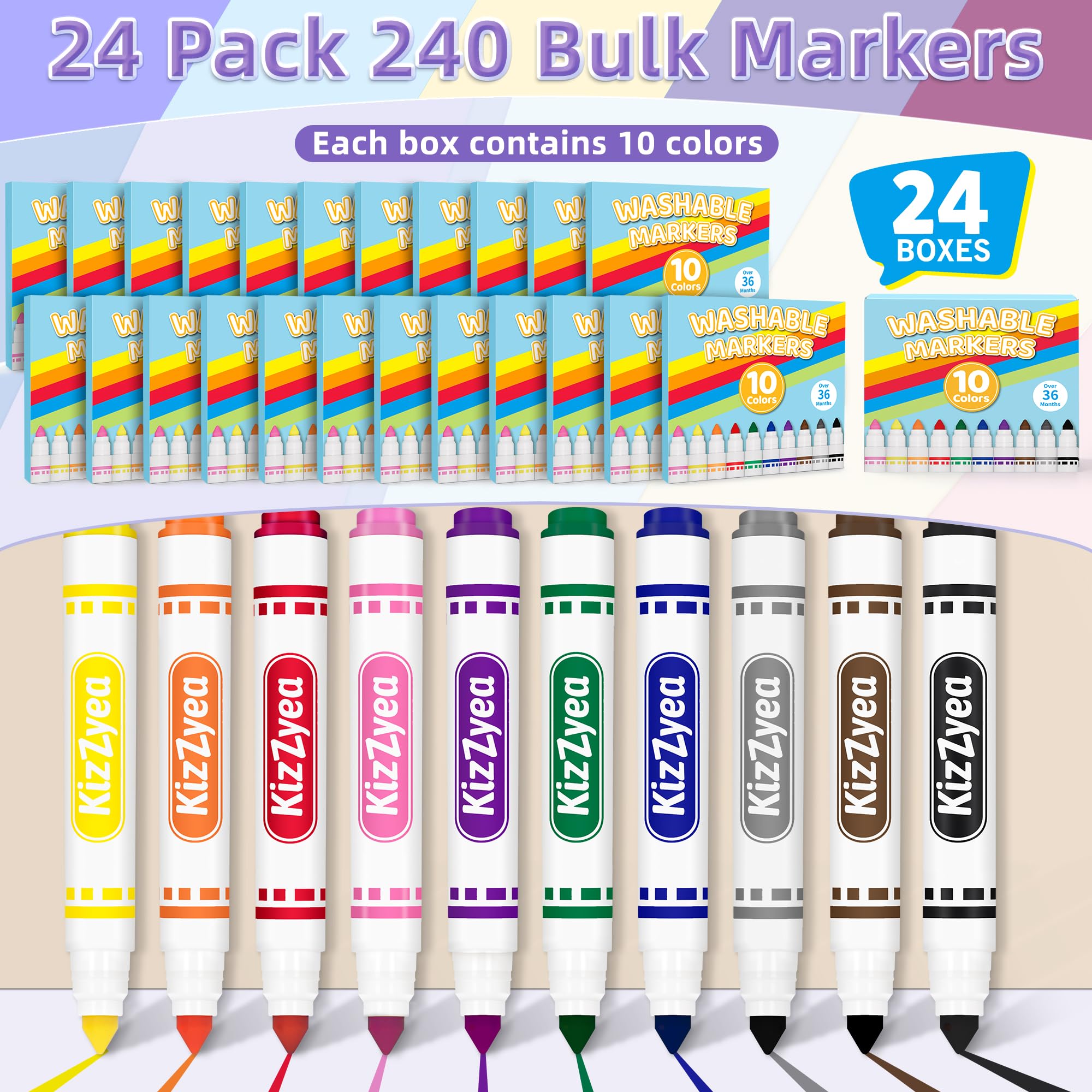 Abwaschbare Marker für Kinder, 10 verschiedene Farben, 24 Schachteln, 240 Stück | 24 Boxen, waschbare Malmarker, Künstlerbedarf, Klassenzimmer-Gruppenaktivitäten, Schulanfang, breit und fein