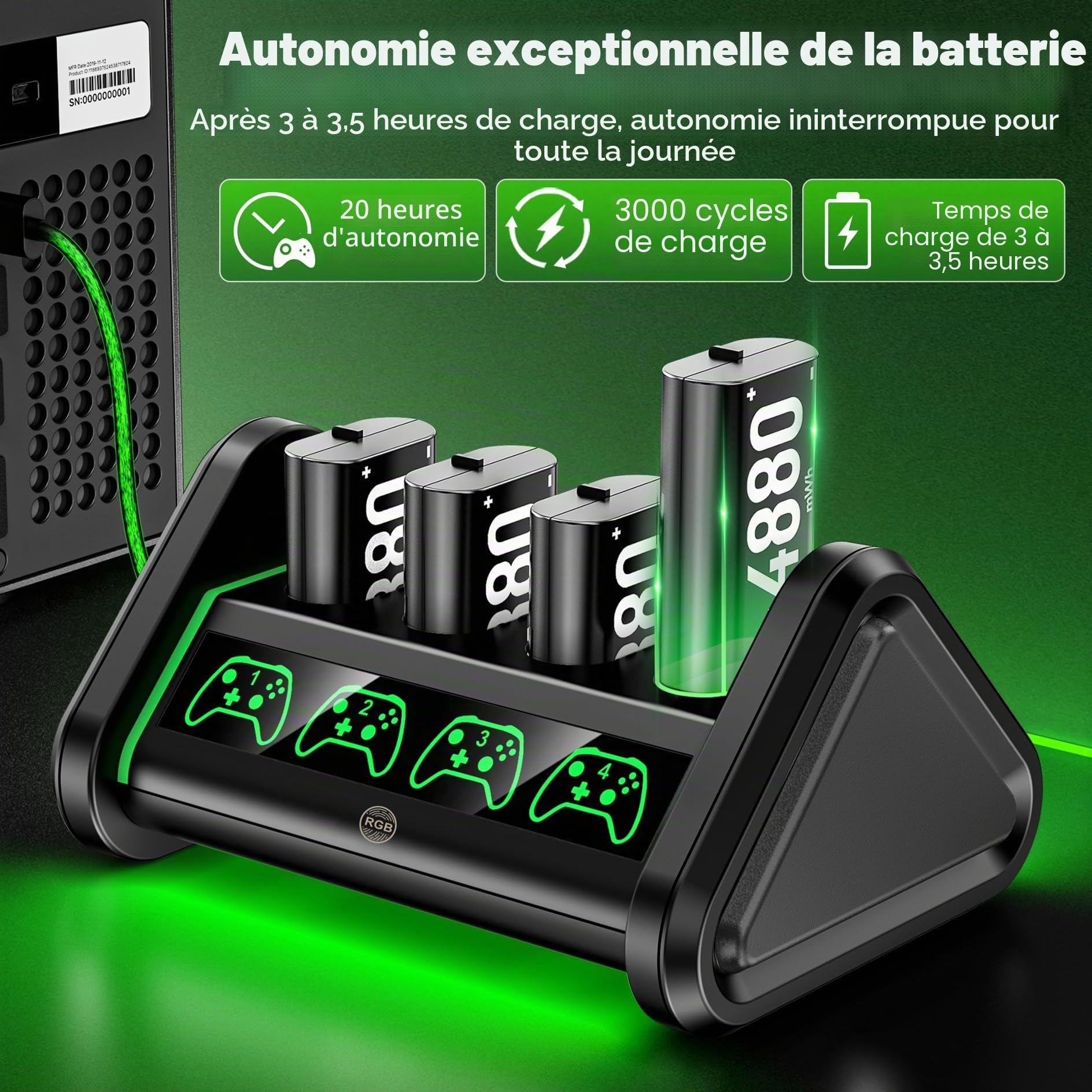 Batterie de Manette Xbox pour Manette X-Box Series X/S/One Elite, 4 * 4880mWh Batterie Rechargeable Xbox, Batteries Rechargeables avec Station de Charge pour X-Box Series X/S/One Elite