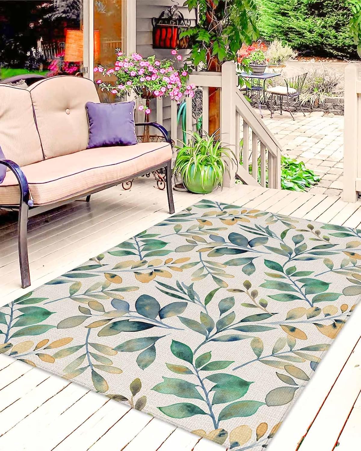 DecorLovee Outdoor Rug 5' x 8', Blue Green Botanical Large