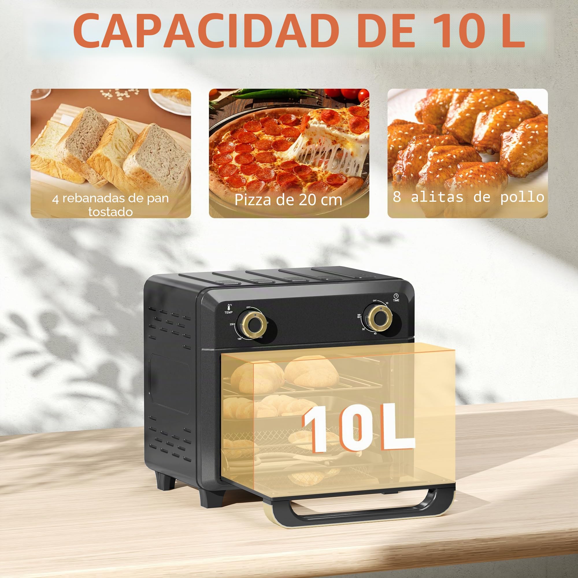HOMCOM Mini horno con convección, freidora de aire caliente de 10L, Horno pequeño con temporizador de 60 minutos e iluminación interior, 80-230℃, 3 estantes, Accesorios aptos para lavavajillas,