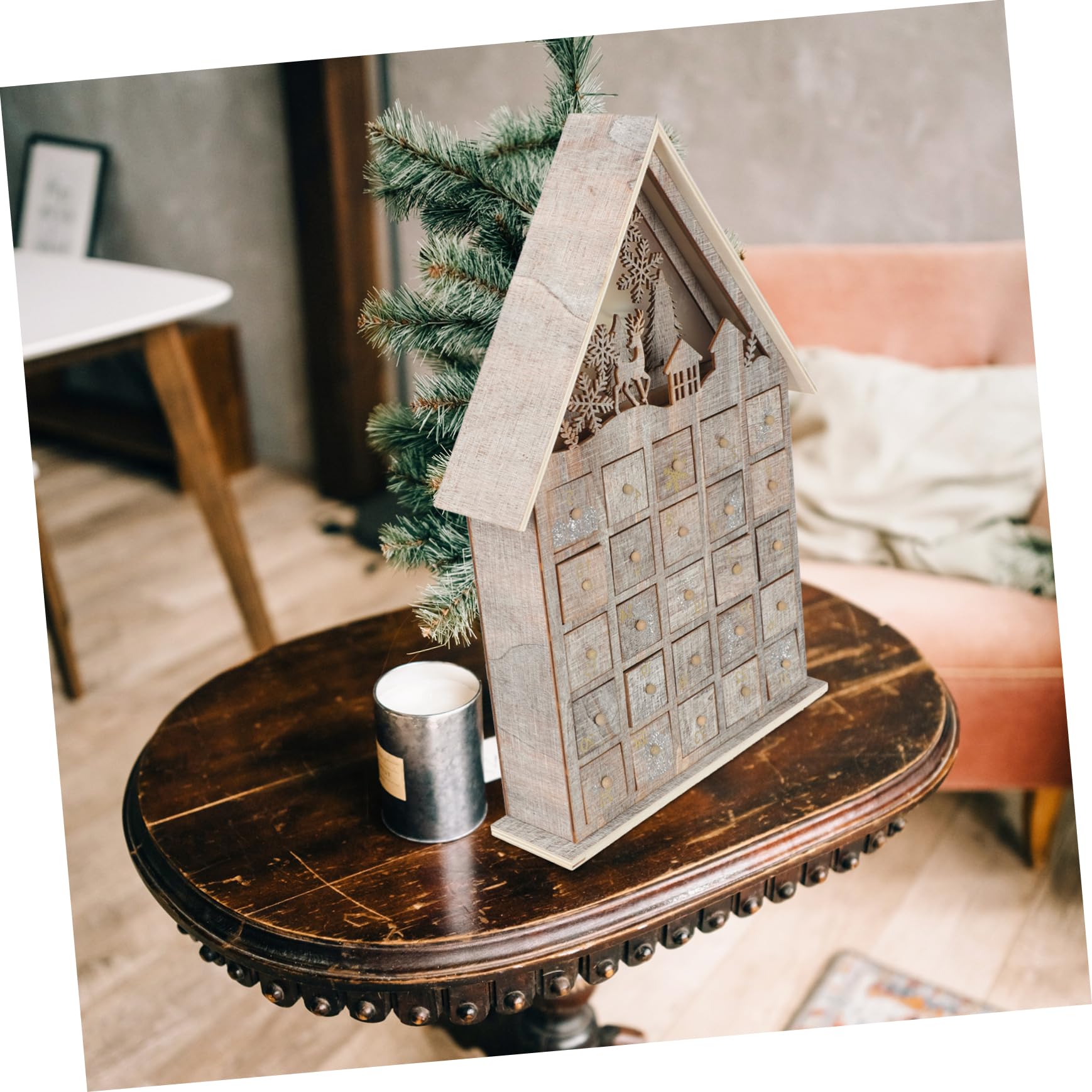 Calendario de Adviento Navideño con Luz de Madera Y Cajón Decoración Luminosa para Escritorio para Niños Y Niñas