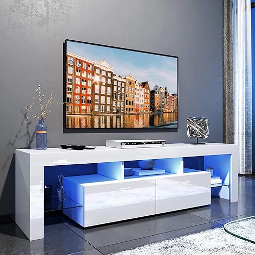 Miniatura 2 de Moderno soporte de TV LED blanco con luz de 16 colores, centro de entretenimiento de alto brillo para televisores de 70 pulgadas, gabinete de
