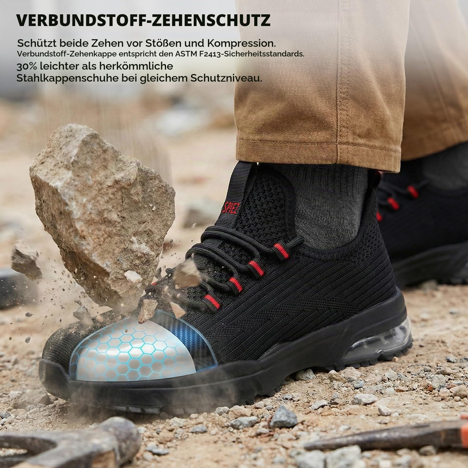 SPIEZ Arbeitsschuhe Herren Damen Leicht Sicherheitsschuhe Mit Luftpolster Kunststoffkappe, Atmungsaktiv Sportlich Schutzschuhe für BAU Industrie, Schwarz/Rot, EU 36–46