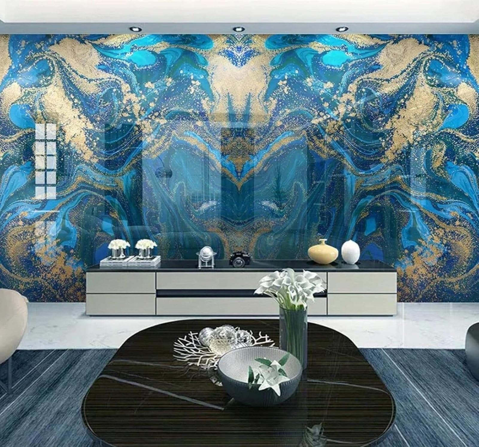 XLMING Blue Gold Abstract Marble Effect Texture 3D Wallpaper Silky Texture Home Study Office Grey Dining Room Sofa Bedroom Living Room TV Backdrop-400cm×280cm