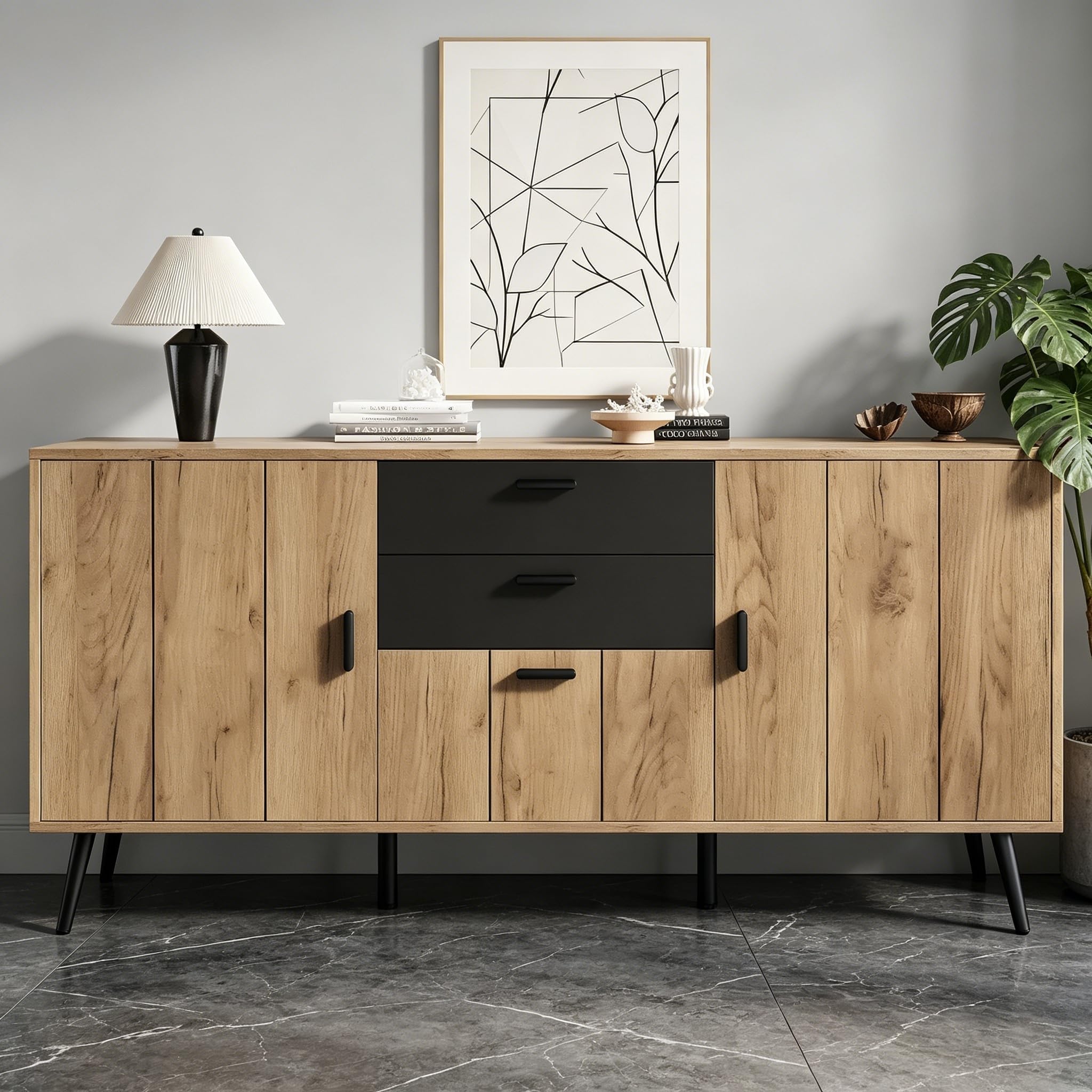 Credenza con 3 ante e 2 cassetti, effetto legno e nero, 140 x 35 x 67 cm, per soggiorno, sala da pranzo, cucina