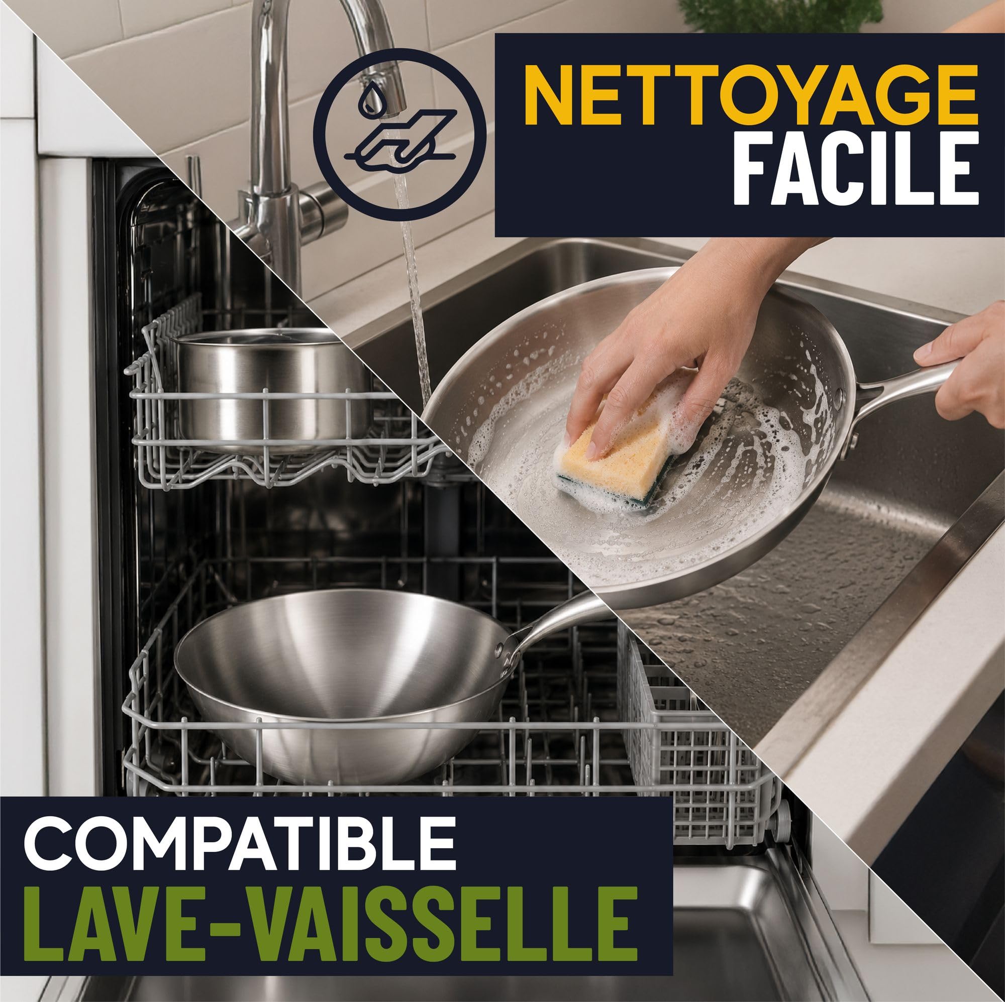 MENASTYL - Batterie de cuisine inox 5 pièces Trinox tous feux dont Induction - Structure 3 couches - Sans substances nocives - Lave-vaisselle - 2 poêles, 2 casseroles, 1 faitout - 6014261