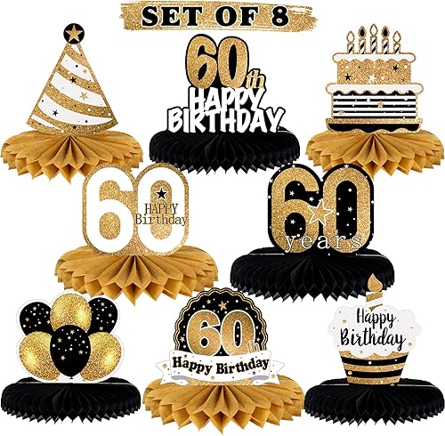 Miniatura 210 de LINGTEER Decoración feliz 50 cumpleaños negro y dorado de papel para mesa - Juego de centros de mesa con estrella de pastel y globo, 8 piezas