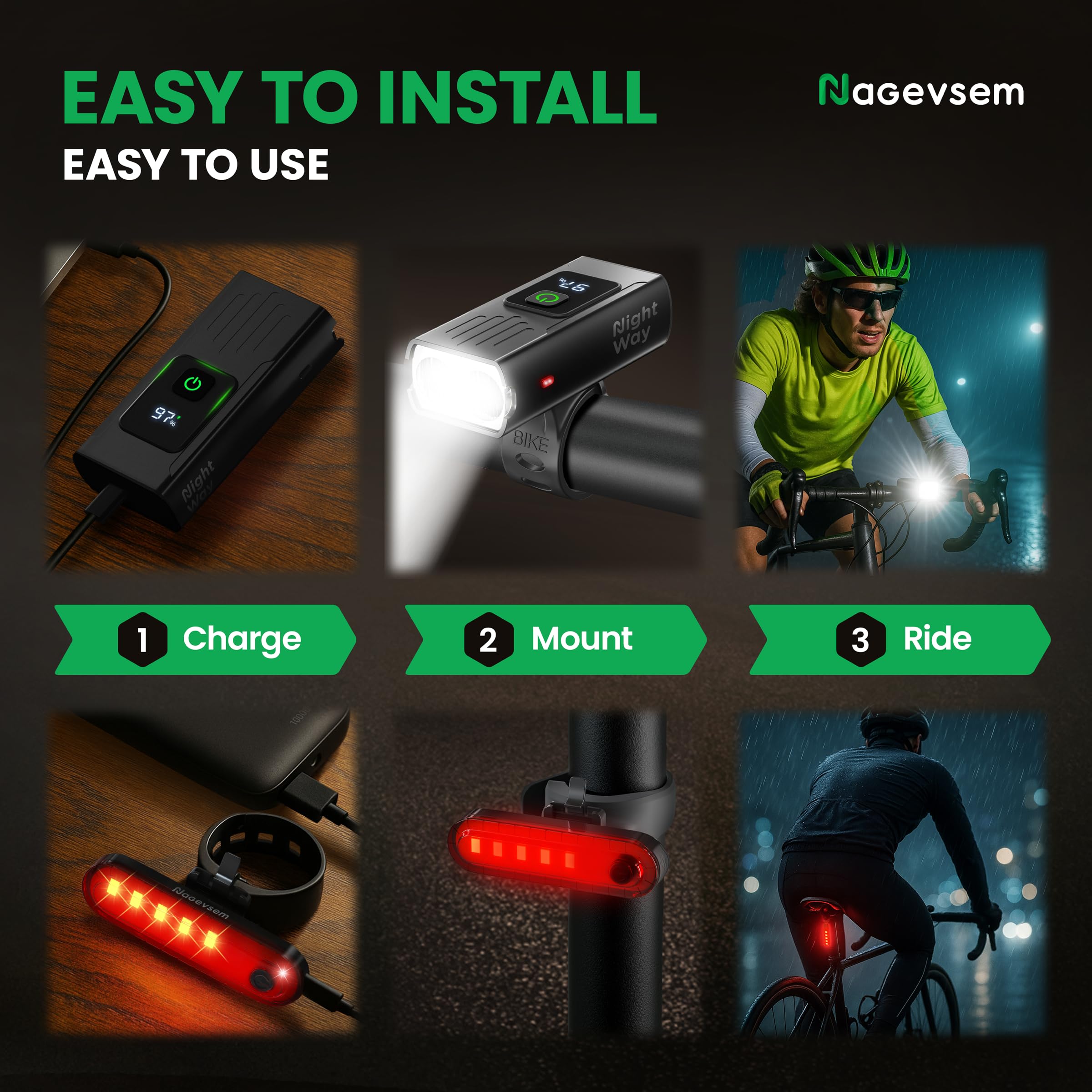 Set di 2 luci a LED super luminose ricaricabili USB-C, anteriori e posteriori, per guida notturna in montagna, 6+4 modalità, regalo impermeabile per uomini, donne, ragazzi