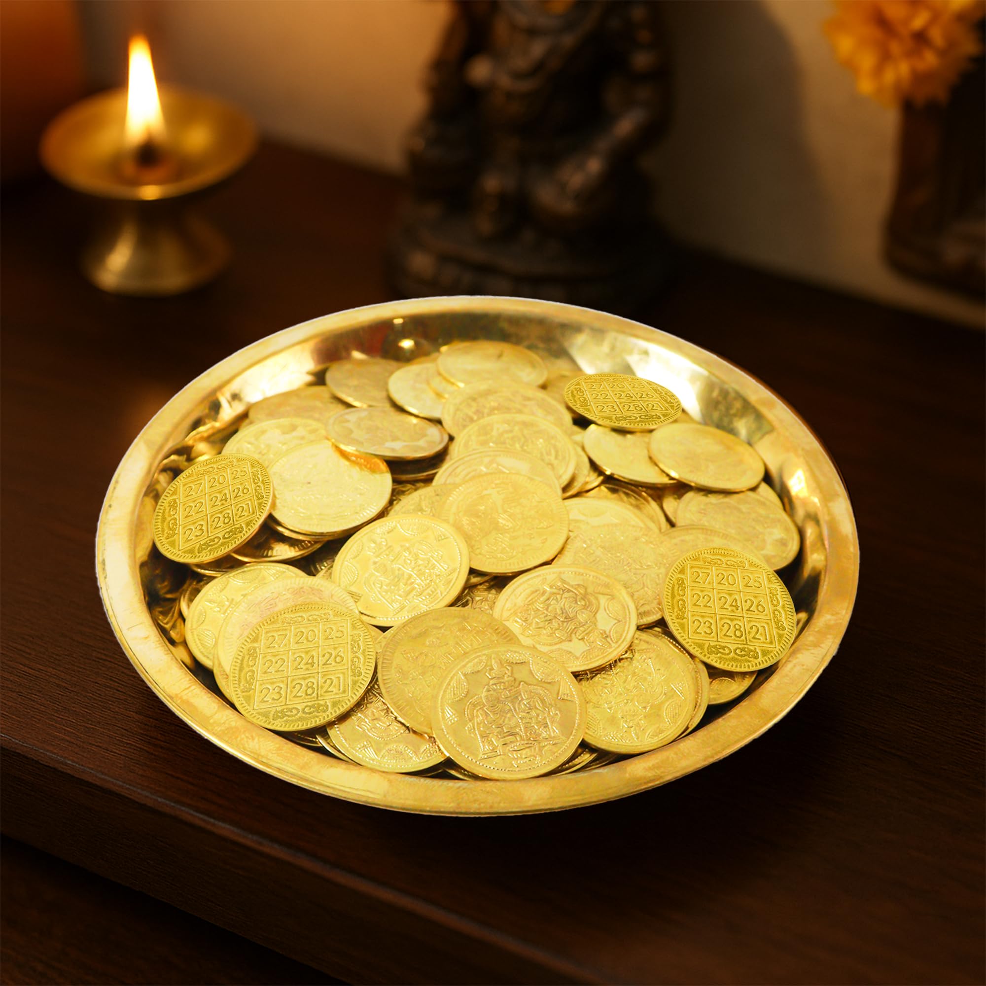 Putrika Brass Plate with 11 Kuber Coins for Pooja|Puja Lakshmi Kubera Coin Set for Wealth|Prosperity & Vastu | Diwali Pooja Items for Mandir, Home|Gift Décor-Bobby Plate with 11 Yantra Guber Coins 2