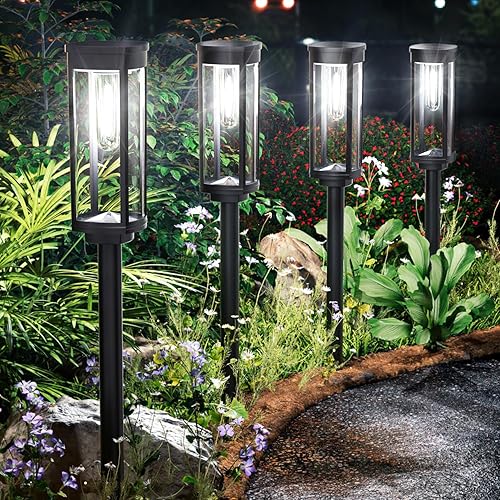 Miniatura 7 de ALFIOT Luces solares para senderos al aire libre, paquete de 8 luces solares brillantes para exteriores, IP65, impermeables, luces solares para