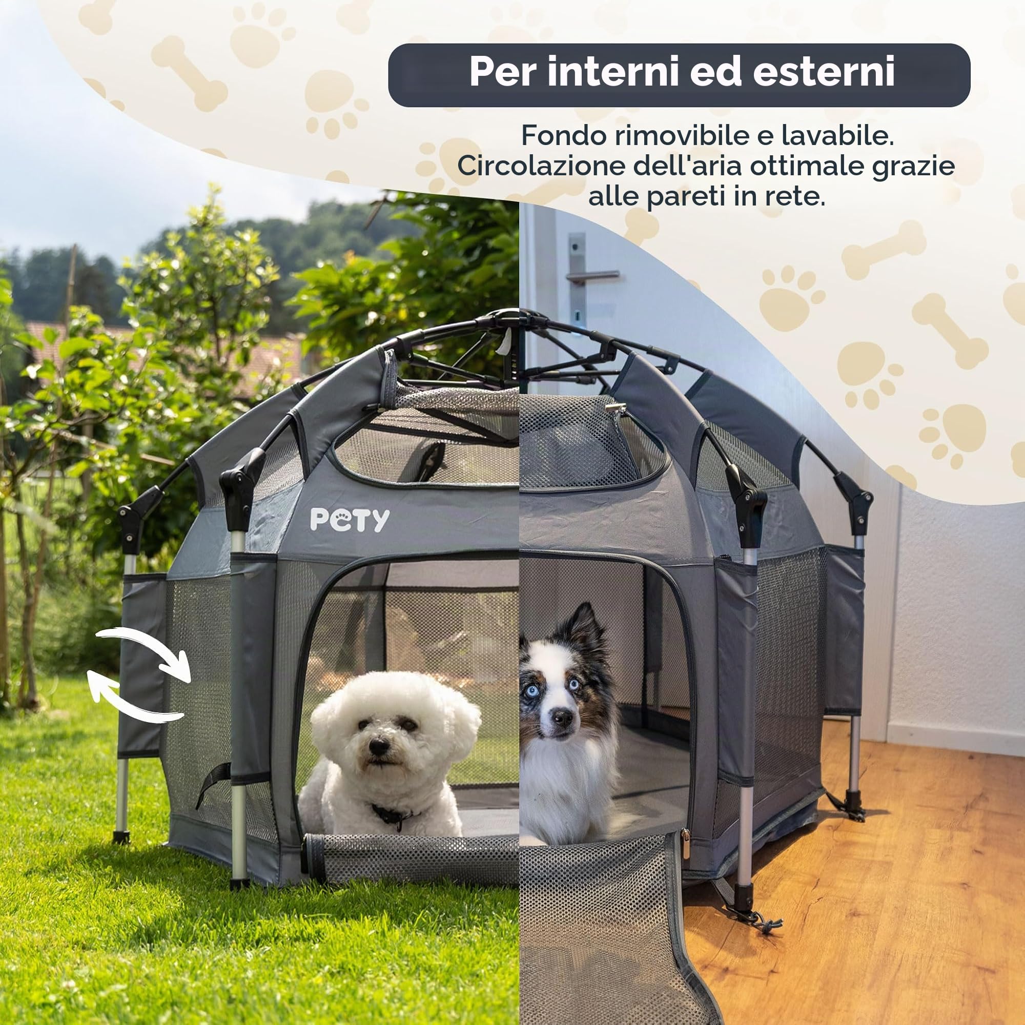 PETY Set box per cani – 110 x 80 cm tenda mobile per cani con borsa per il trasporto, tetto UV e tappetino – recinto per animali domestici e interni – accessori da viaggio per il campeggio – antracite