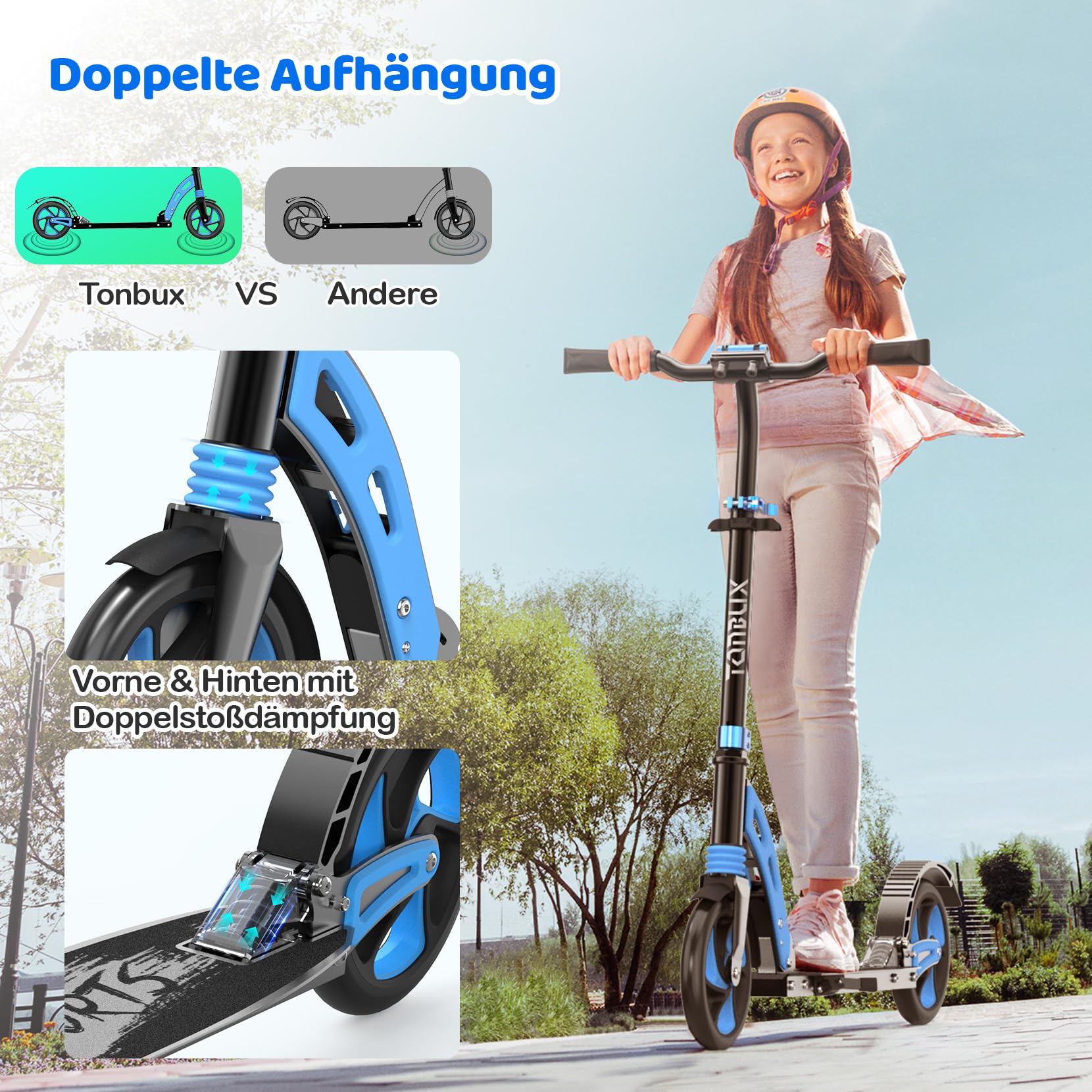 TONBUX Roller Kinder 6 7 8 9+Jahre,Aluminium Scooter Erwachsene,Cityroller Doppeltes Federungssystem, Höhenverstellbar&Klappbar Tretroller,Kickscooter bis 100kg Belastbar
