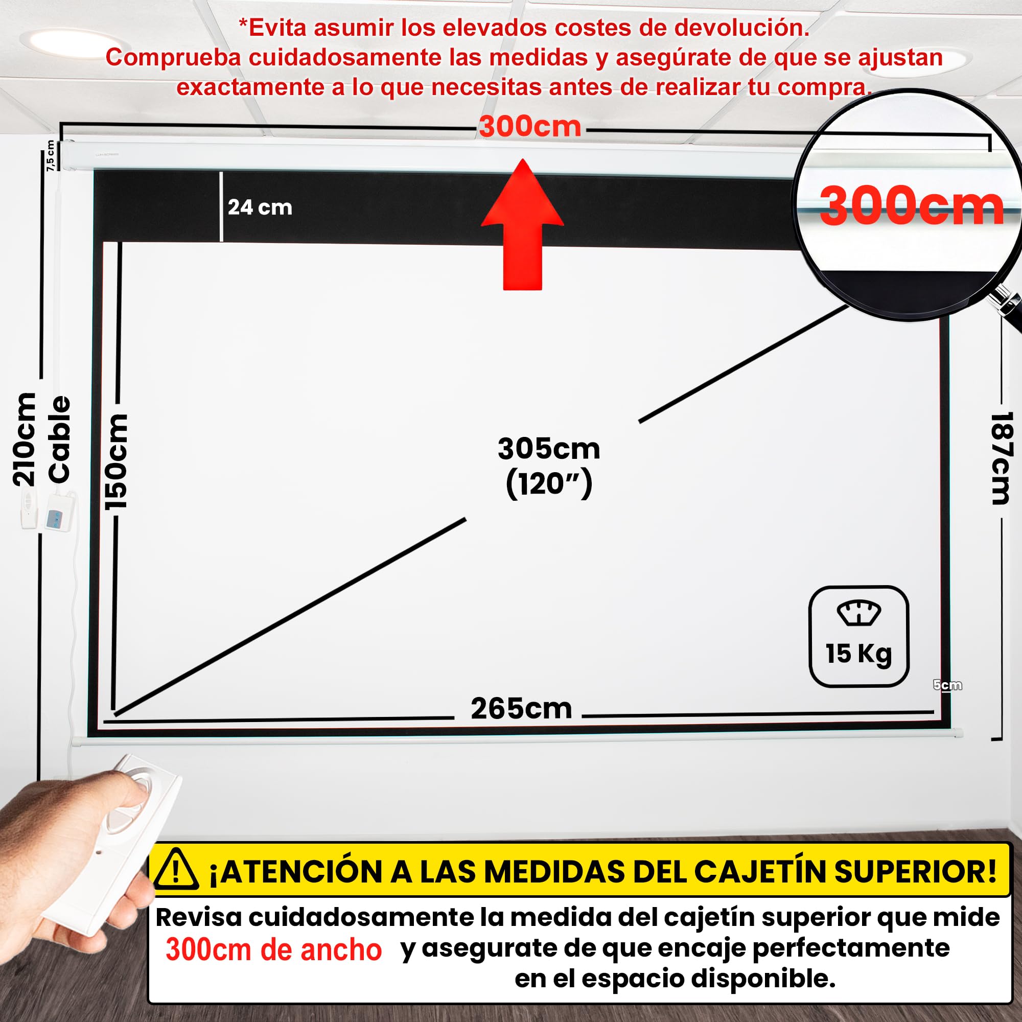 Luxscreen Pantalla de proyeccion electrica de 120", Dimensiones de la Tela 2,64 x 1,49 Metros, cajetin de Acero 3 Metros, con Mando inalambrico, Auto Enrollable, 4K, 16:9 (120 Pulgadas 16:9), Blanco - 2