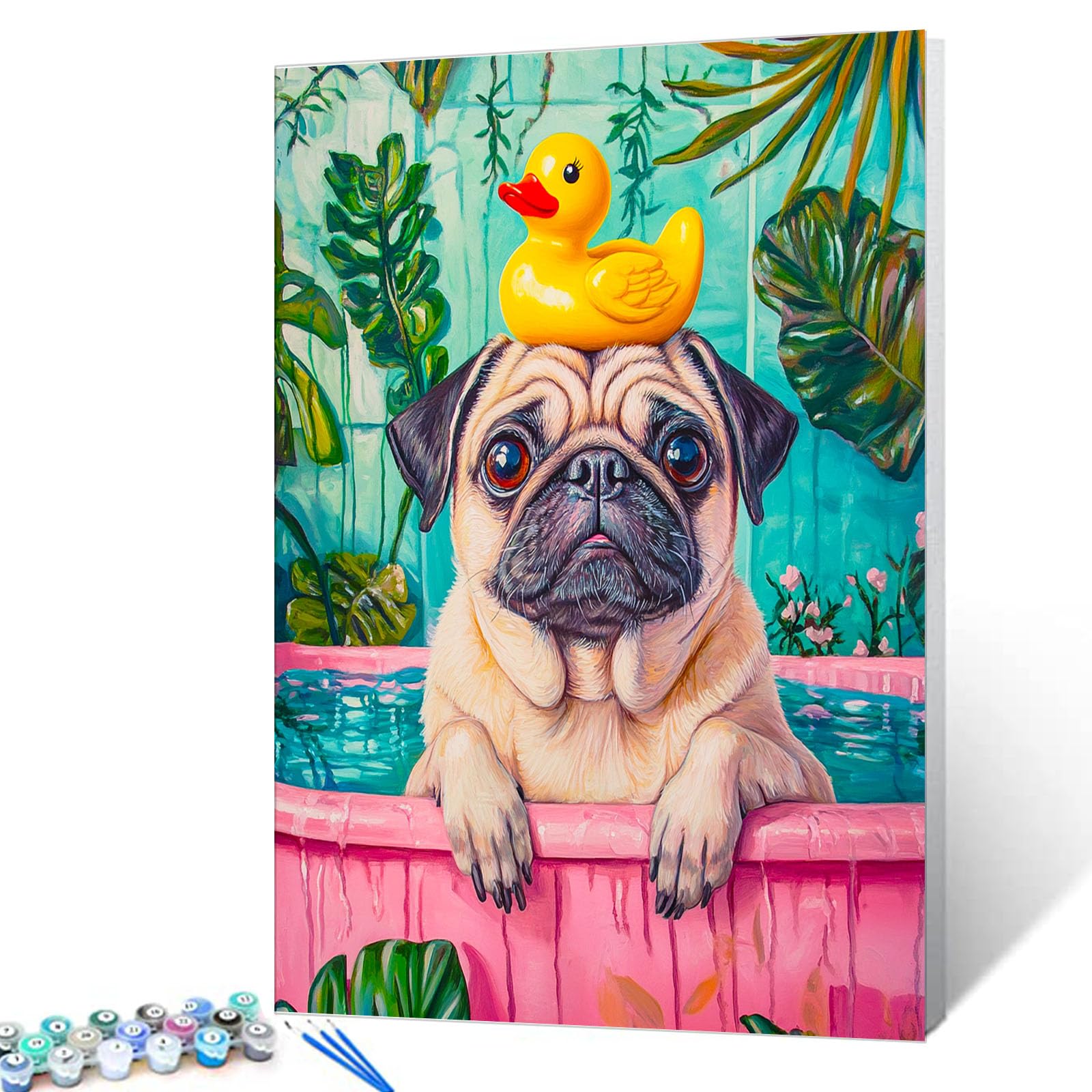 Tucocoo Dog Bathing Paint by Number for Adults Animal with Yellow Rubber Duck on Her Head Picture Canvas Pink Bathtub DIY Oil Painting Kits Acrylic Paints for Home Wall Decor Art Craft Gifts (Framed)