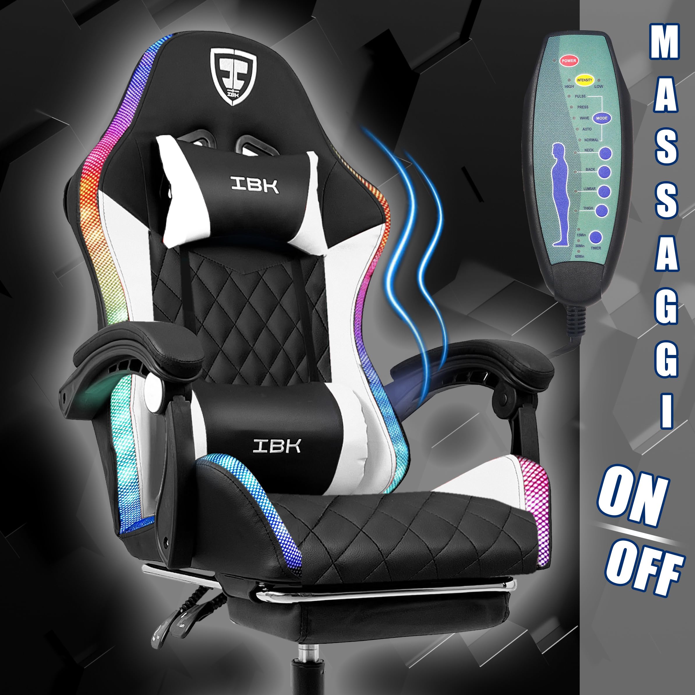 IBK Sedia da Gaming professionale, similpelle, massaggiante, supporto lombare, Led RGB, casse bluetooth, regolabile in altezza, schienale reclinabile, pistone a gas classe 3, Ufficio PC (Bianco)
