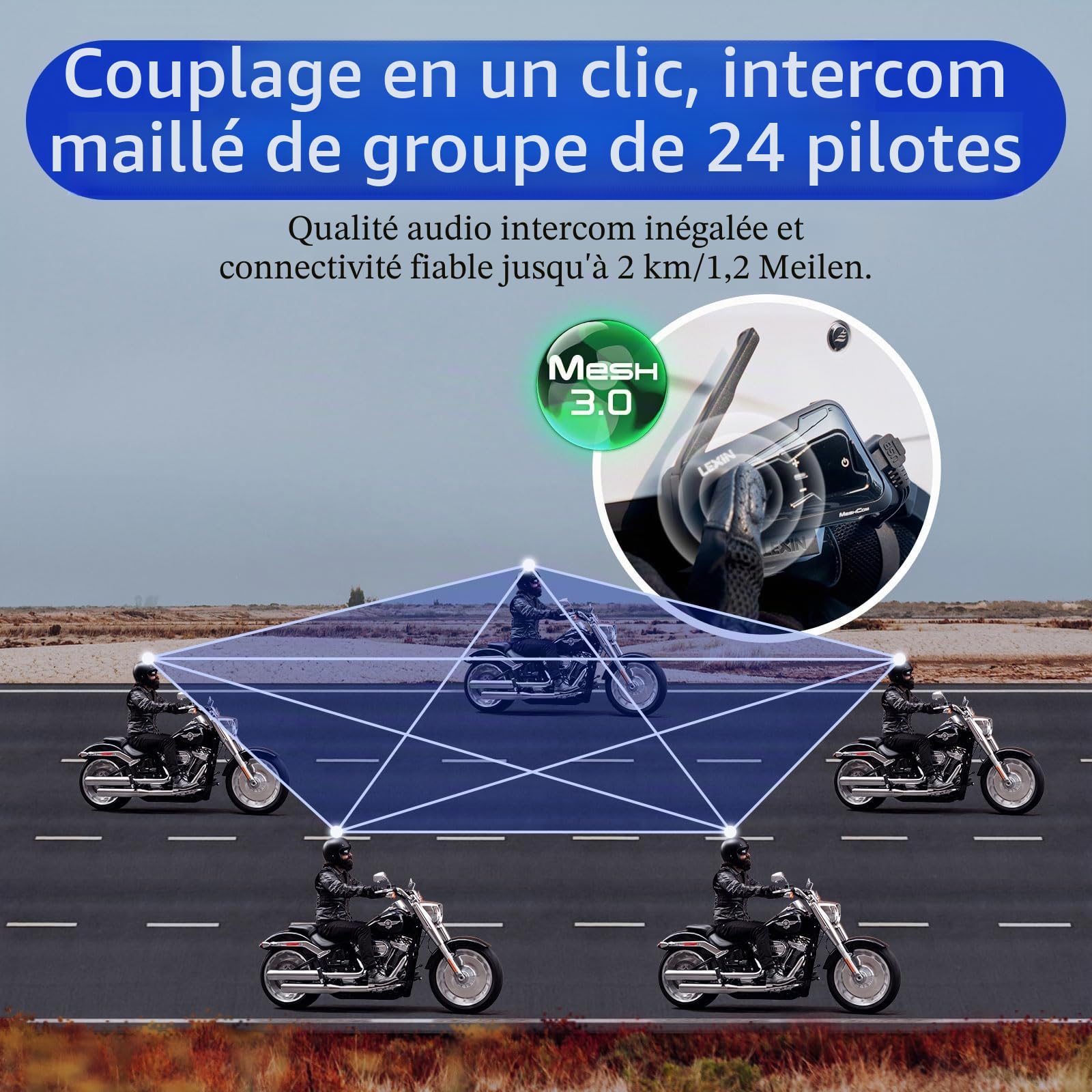 LEXIN 2X MeshCom Intercom Moto avec Mesh 3.0 & Bluetooth 5.1,1-24 Motards | Multitâche-Audio, Partage de Musique, 1000mAh Batterie, 40mm Haut-parleur, Assistant Vocal, Interphone pour Moto/Motoneige