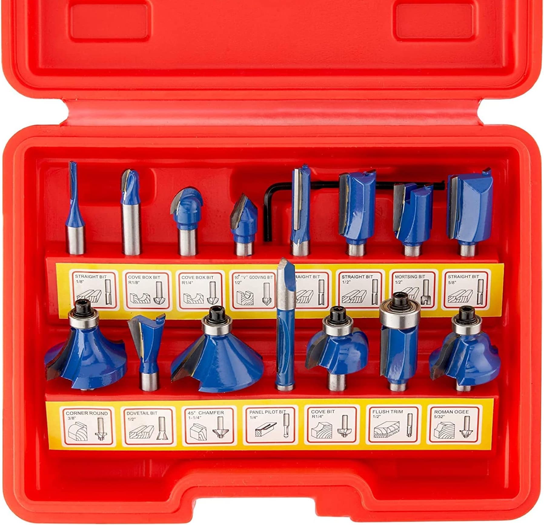 HILTEX 10100 Tungsten Carbide Router Bits, 15 Piece Router Bit Set, 1/4” Router Bit Shank Tungsten Carbide Router Bits, Chamfer for Woodworking on Wood, Blue