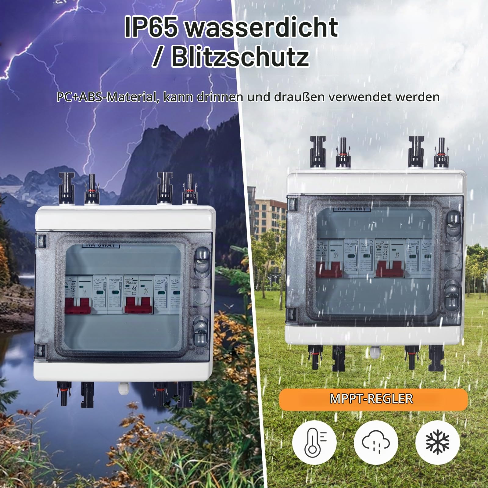 Überspannungsschutz PV, DC 40 A/1000 V Trennschalter, Blitzschutzschalter (2 in 2 Out), Solar-PV-Anschlussbox, IP65 wasserdicht