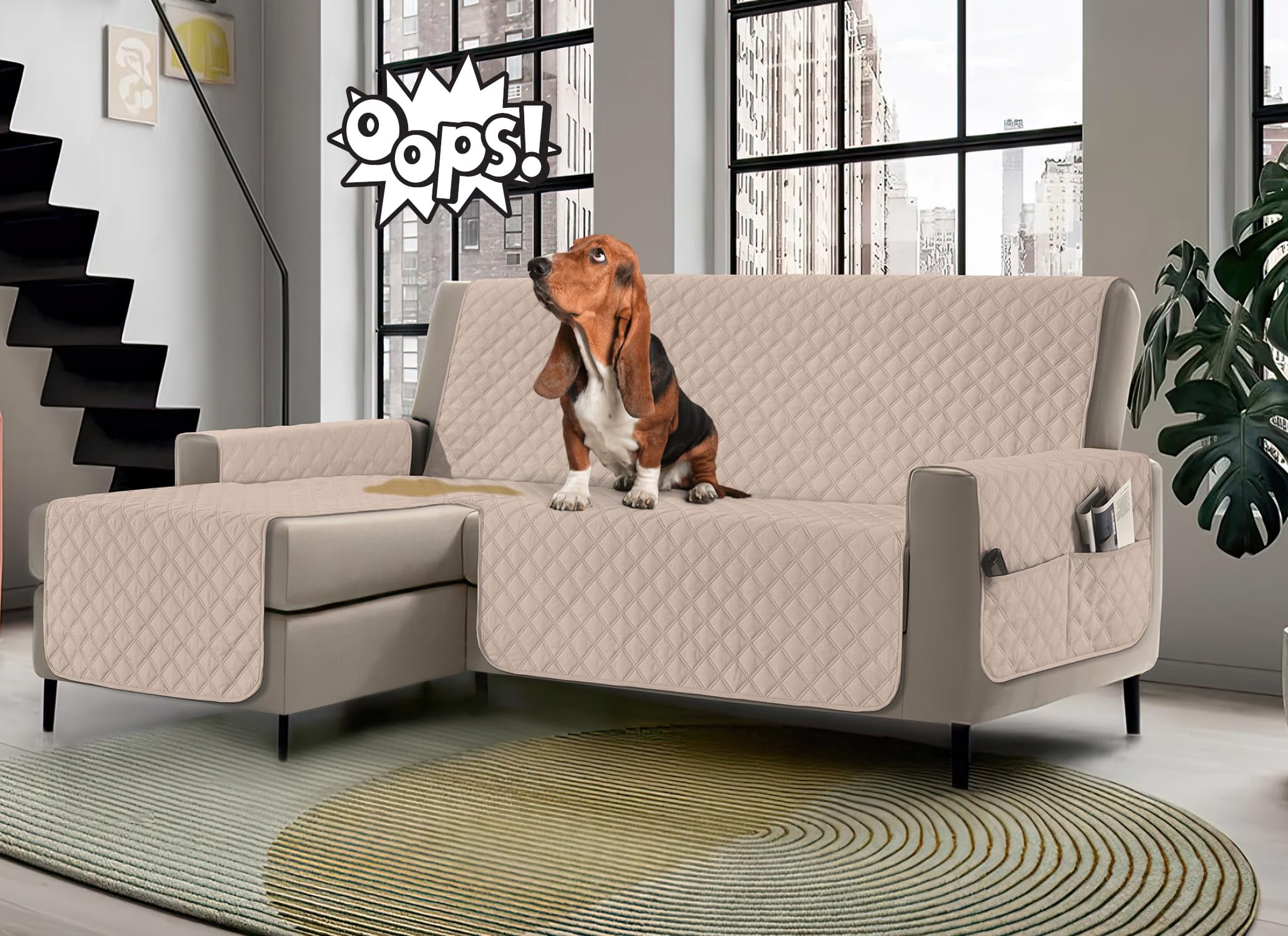 Banzaii Funda de Sofá con Chaise Longue 3 Plazas, Impermeable, Antimanchas, Acolchada, Reversible con Bolsillos Portaobjetos - Arena con Chaise Longue Izquierda/Derecha