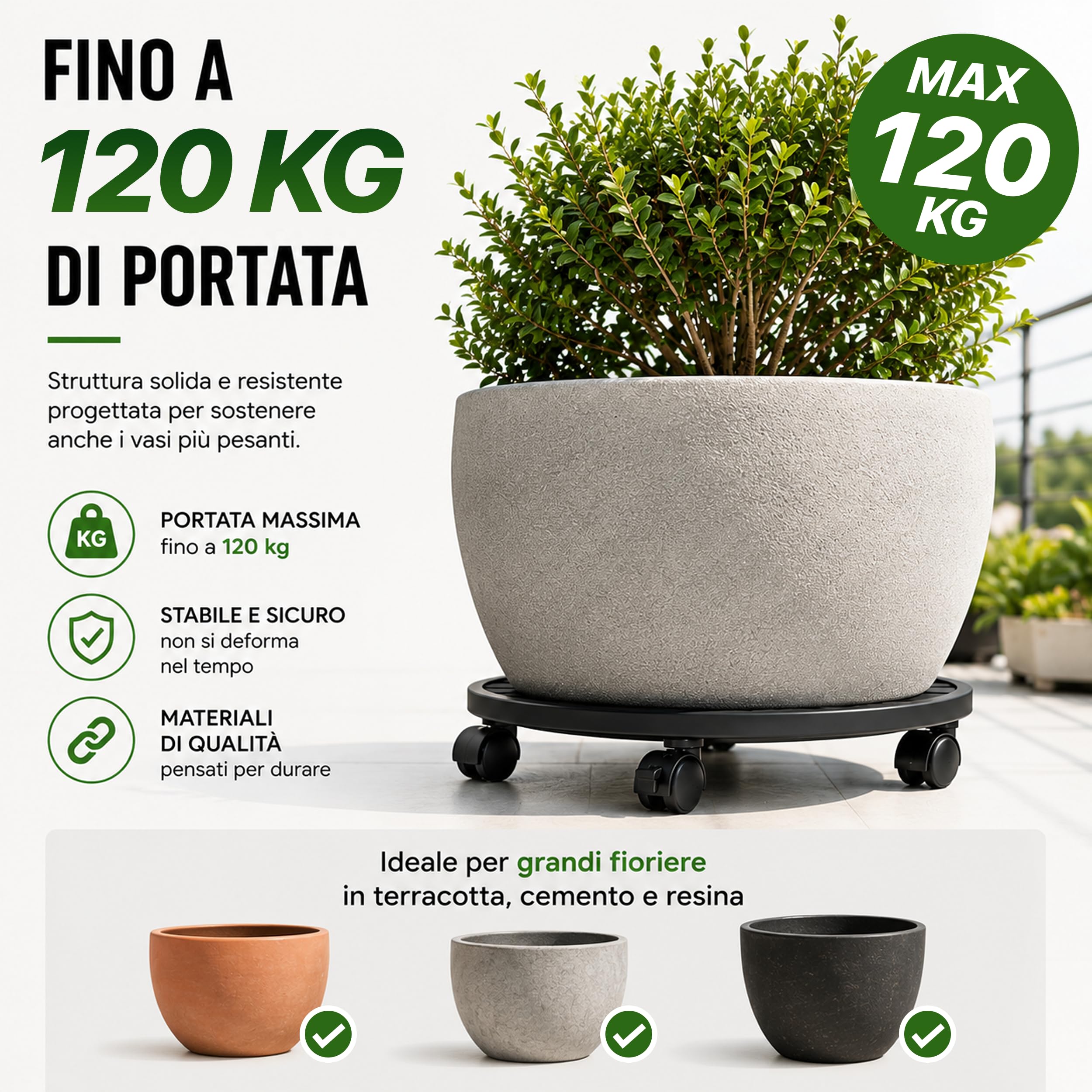 Tecnokit Carrello Portavasi Circolare O 30 cm Nero | Sottovaso con Ruote in Acciaio | Uso Interno ed Esterno | Made in Italy
