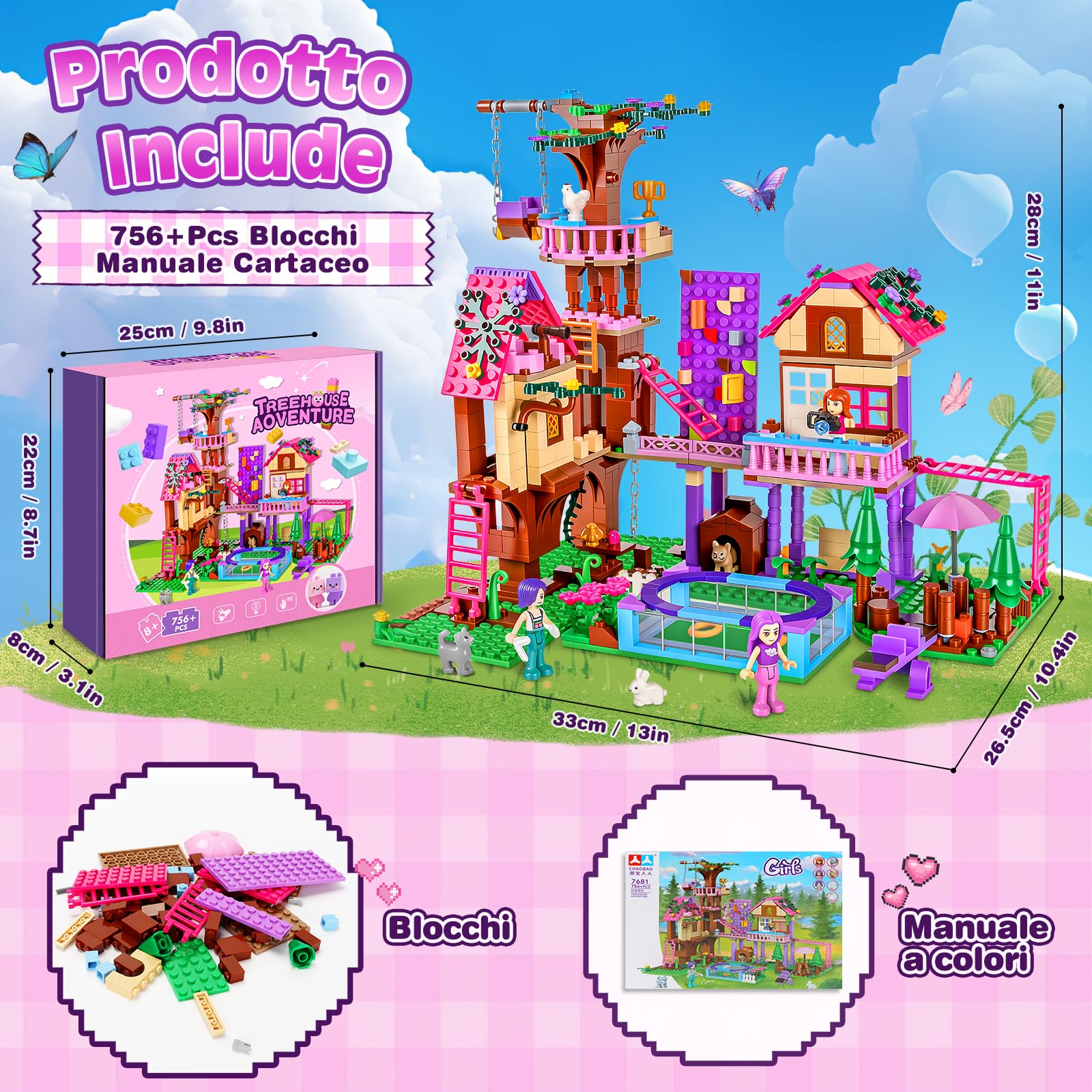 Charmofun Set di Costruzione Della Casa Sull'albero, Set di Costruzioni Casa Delle Ragazze con 3 Bambole e 4 Animali, Friends Casa Sull'Albero Dell'Amicizia per Bambini dai 8 Anni in su (Rosa)
