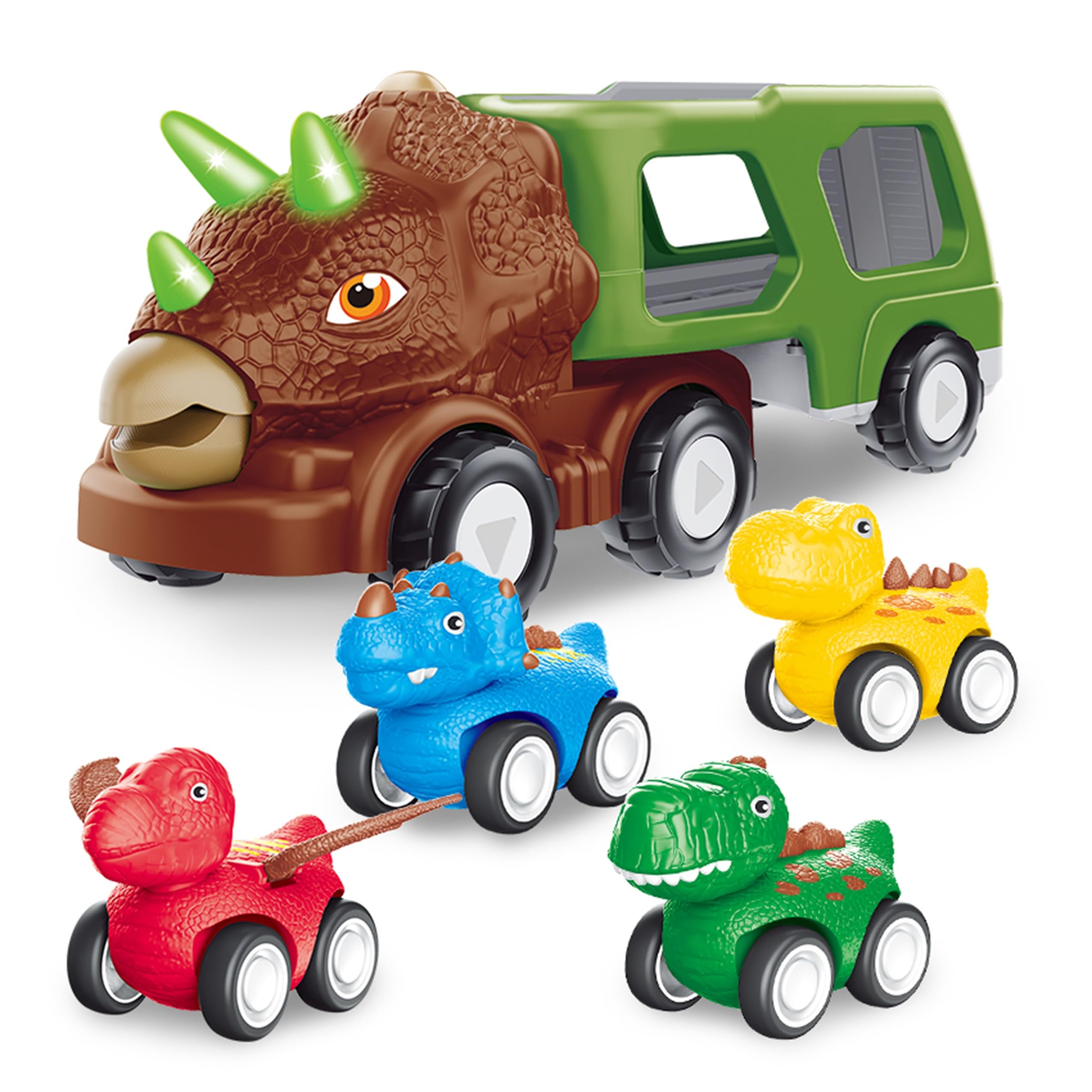 COOLSTUFFX Dinosaur Double Decker Truck Trailer with 4pcs Pull Back Toy Dinosaur Cars, Light and Roar Sound Triceratops for Toddler Boys Girls Gifts (with light and sound)